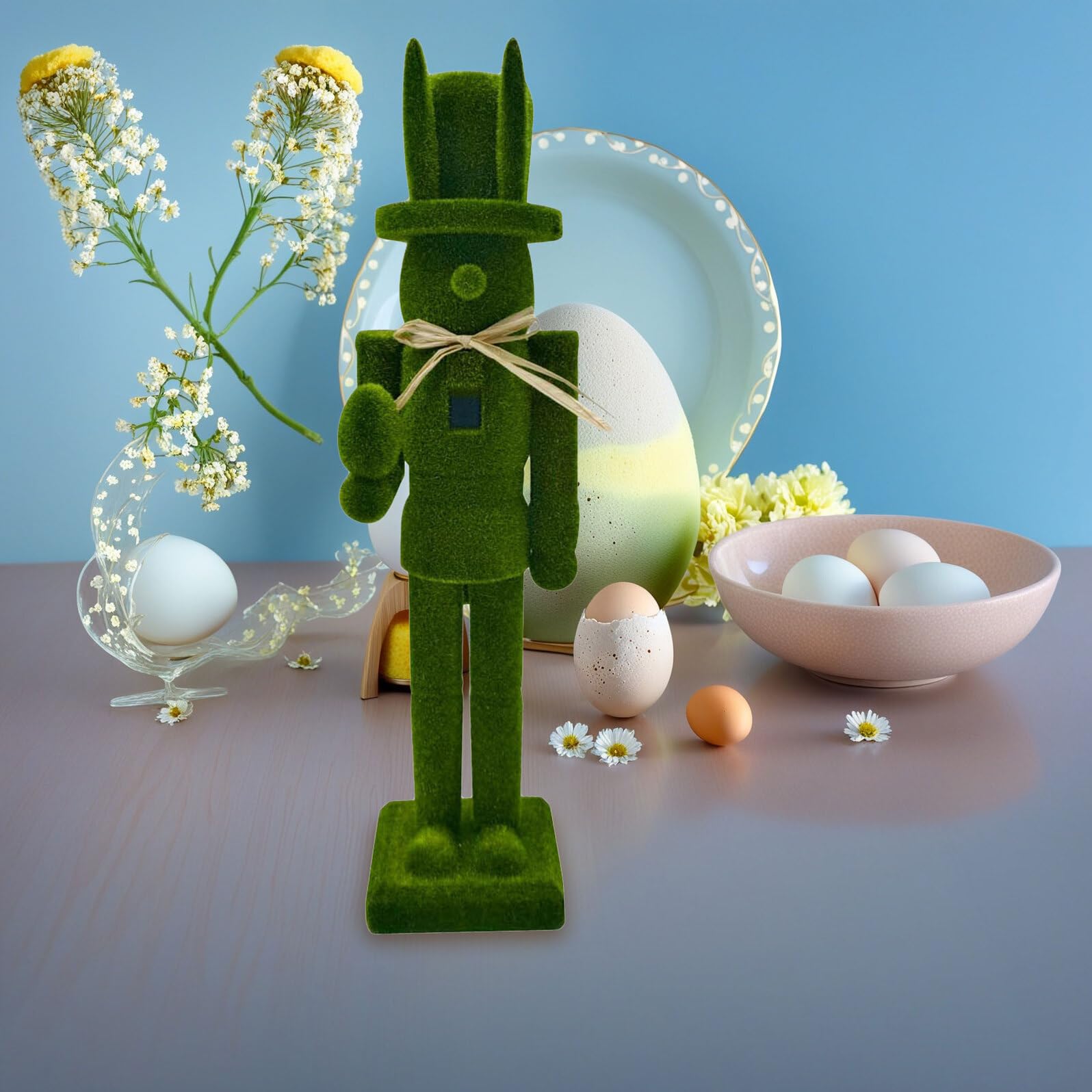 DOITOOL Osterhase Nussknacker Figur 38,5cm Holz mit Beflockung Traditionelle Nussknacker Tischdeko für Drinnen und Draußen