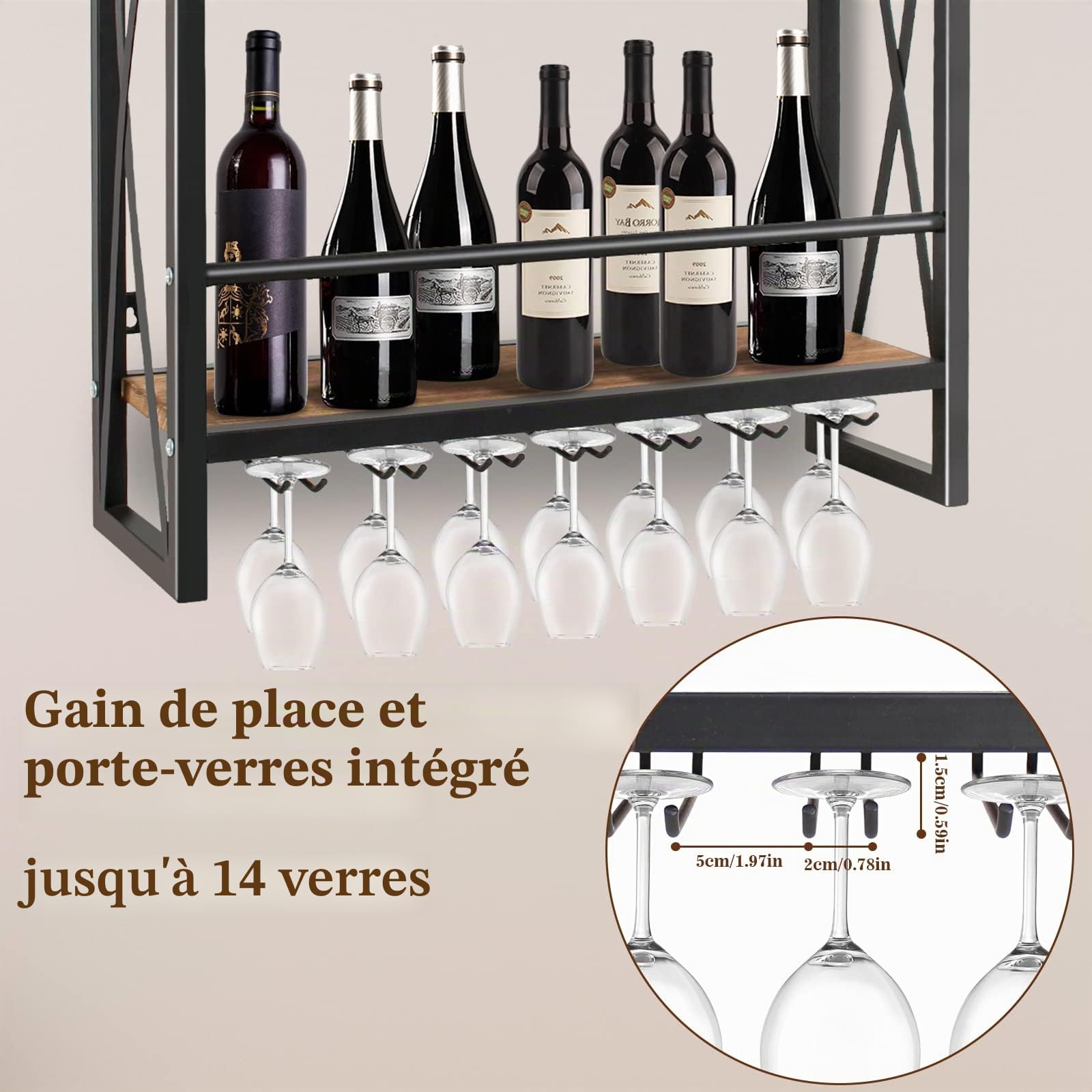 Todeco Étagère à Vin Murale avec Porte-Verres, 12 Bouteilles, Casier à Vin
