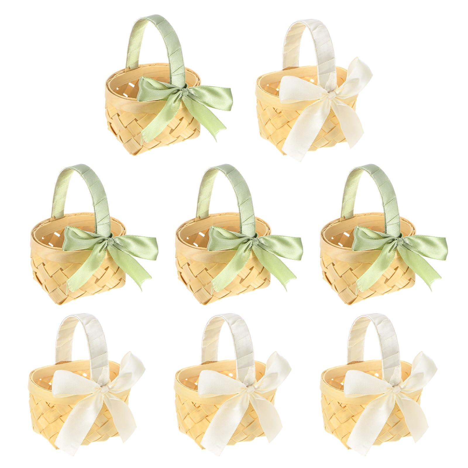 M METERXITY 8-Pack Mini Woven Baskets, Bamboo Farmhouse Miniature Flower Picnic Basket with Ribbon Handles for Crafts, Wedding, Easter, Photography Props, Party Decoration [Green,White]