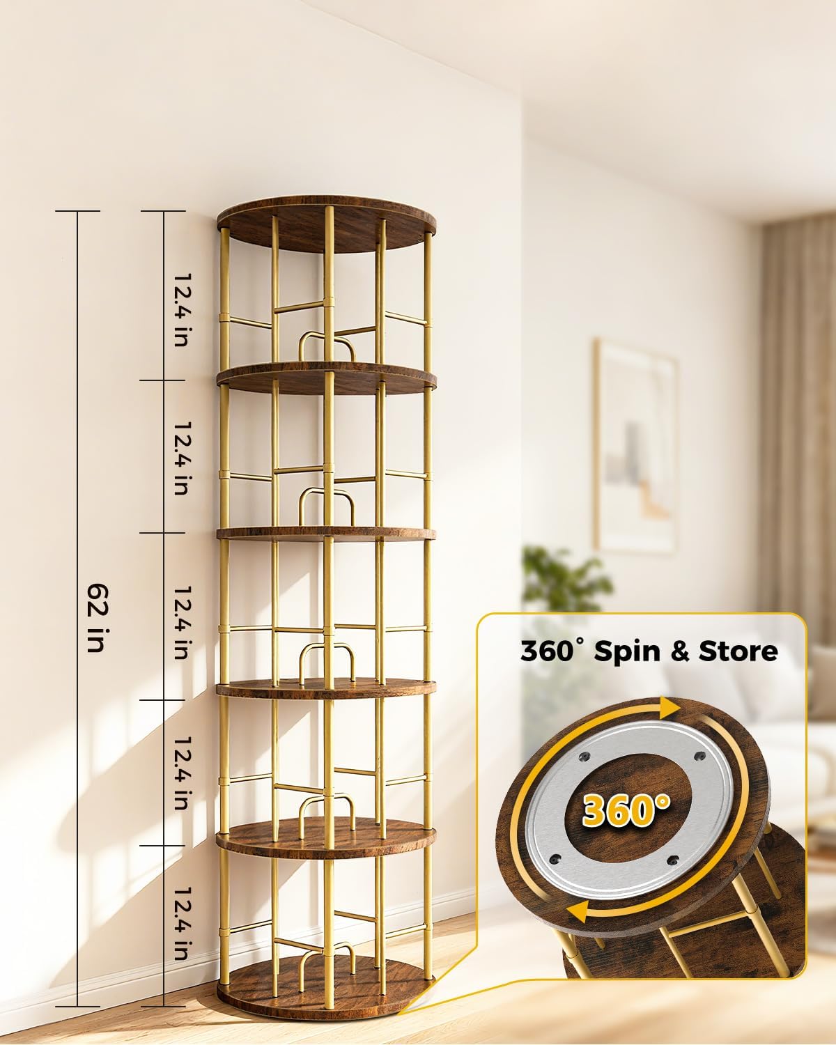 5-Tier Rotating Bookshelf Tower – 360° Spinning Bookcase, Stackable Narrow Storage Organizer, Tall Space-Saving Swivel Shelf for Corner, Bedroom, Living Room, or Office (Walnut)