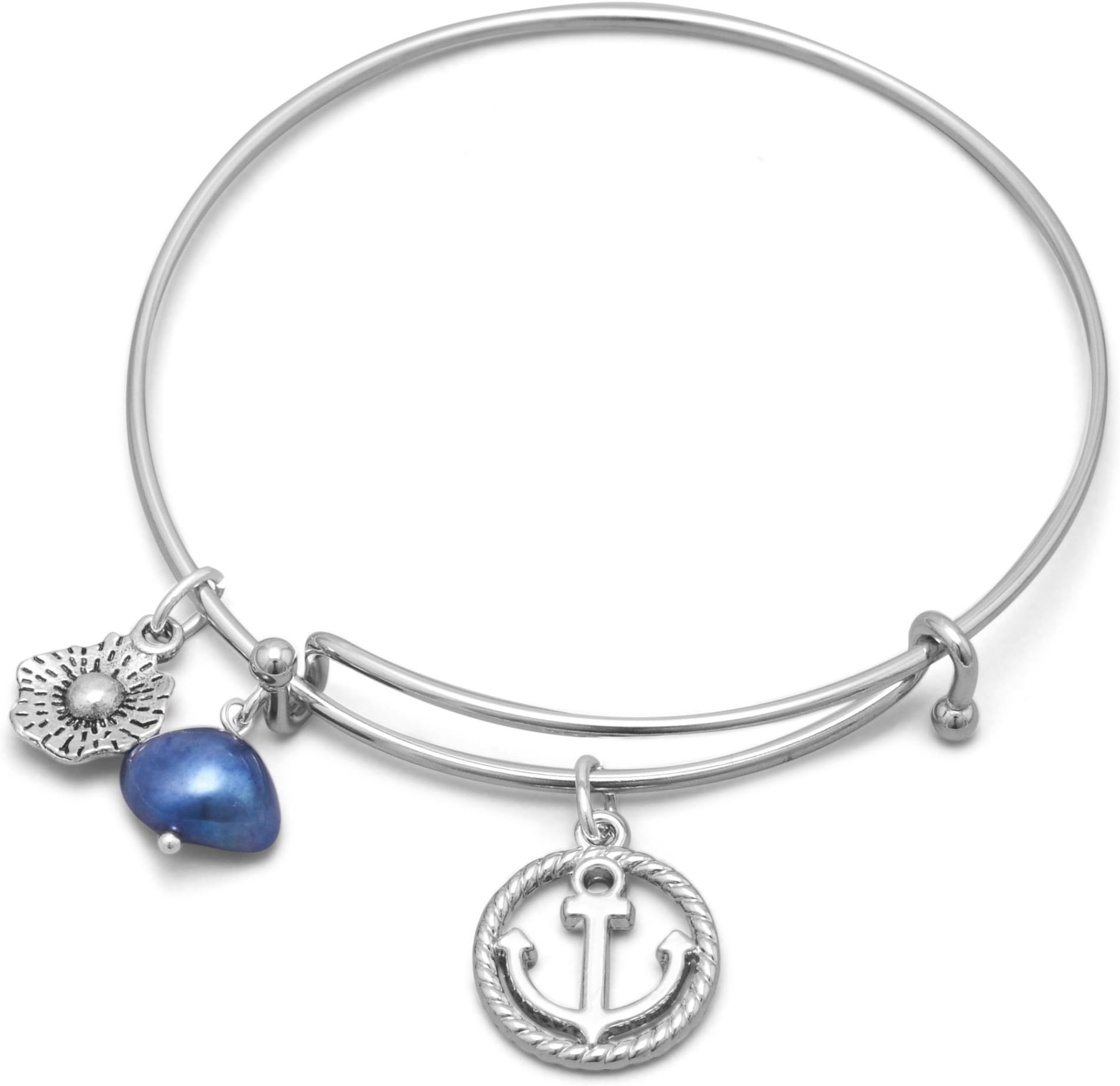 SilverStones Expandable Silver Tone Bangle Bracelet with Nautical Charm and Blue Cultured Pearl 7.75”
