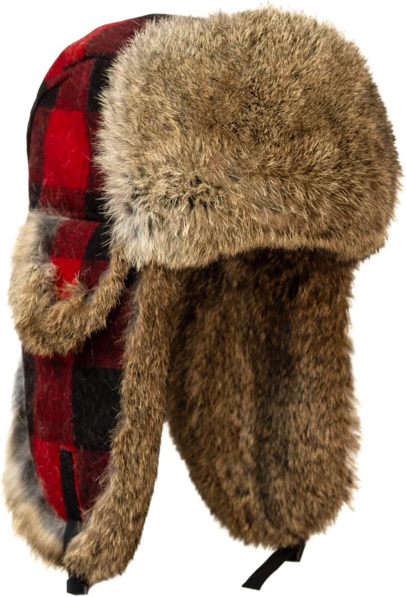Mad Bomber Red Black Brown Plaid Wool Pilot Aviator Hat Faux Fur Trapper Hunting Cap