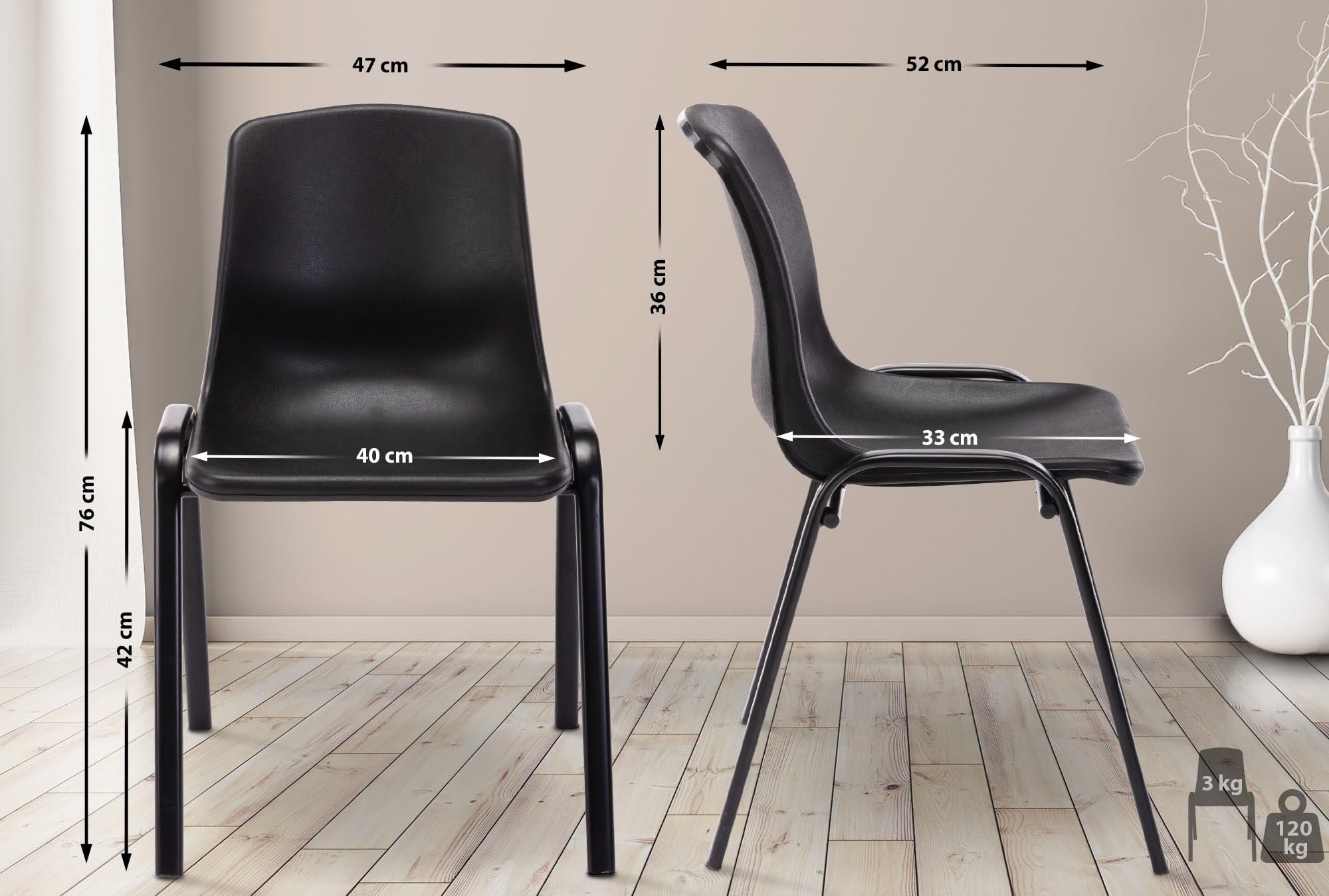 CLP Silla Apilable Nowra I Butaca De Salón con Base De Metal I Silla De Cocina En Polipropileno Color:Negro