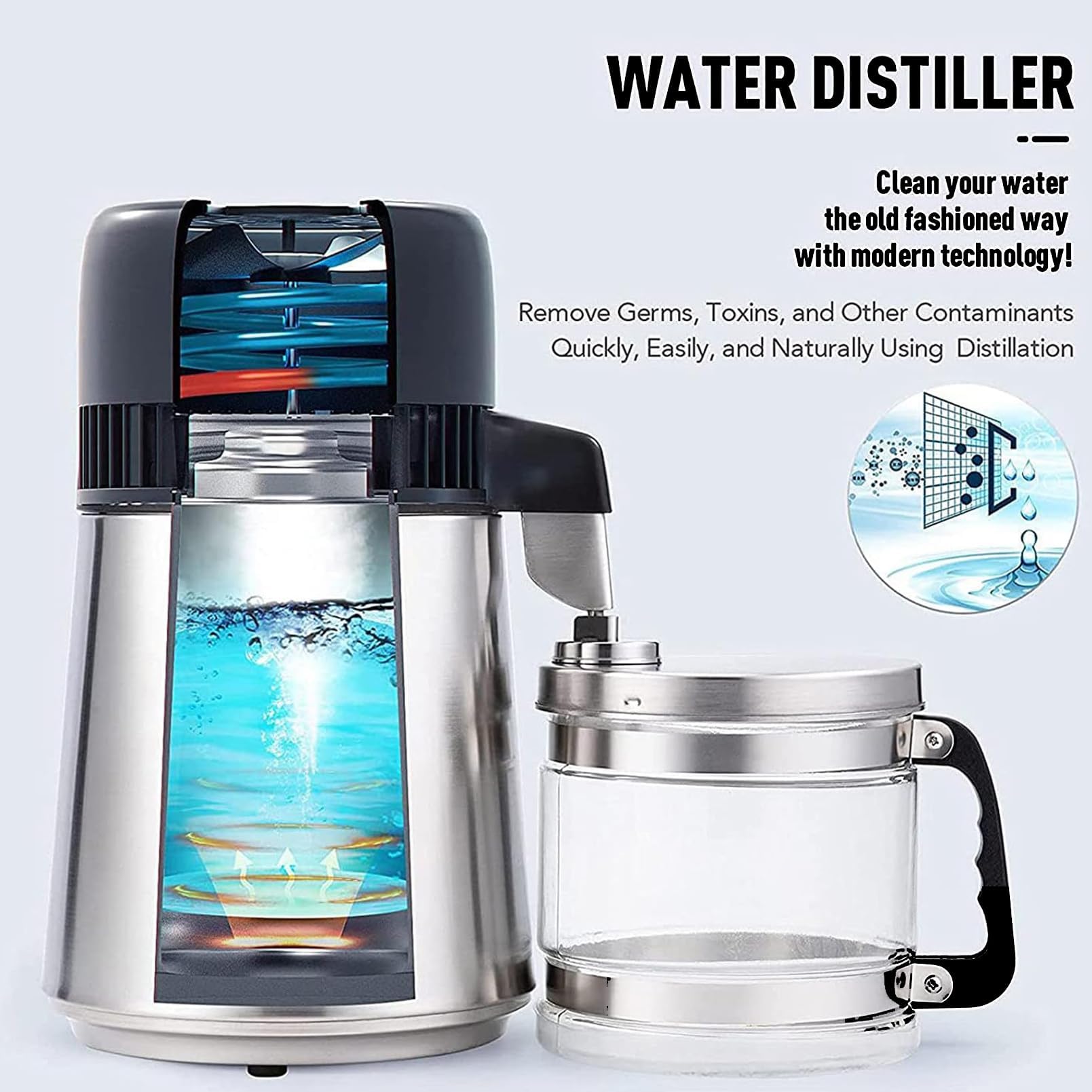 Destilador de agua pura con cubo de tapa de vidrio, máquina de agua destilada de 750 W 4 L, revestimiento de acero inoxidable 304 Therm Lock purificador de agua eléctrico botón de pantalla silver