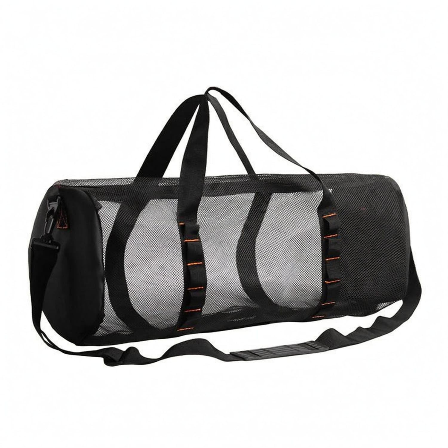 Detachable Shoulder Strap Cylindrical Mesh Bag Solid Textile Panels Zippered Sandproof Beach Tote Zipper Top Mesh Beach Bag Portable for Swimming, Travel, Gym, Toiletry, Black-image-36