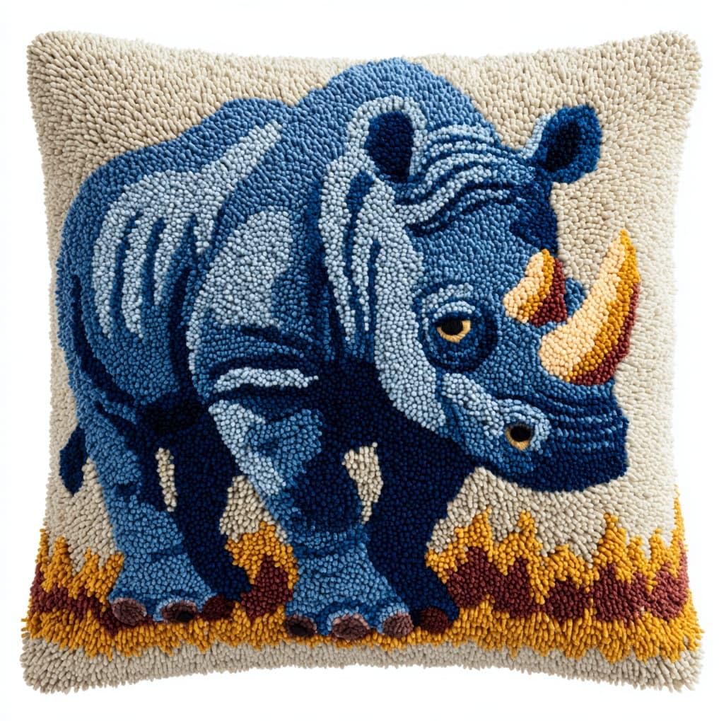 AxiangziK Latch Hook Cushion Kits,Animal Rhinoceros 17X17Inch Handmade Embroidery Kits,DIY Needlework Pillow Rug Making Kit,Decorative Throw Pillow Cover for Sofa Cushions