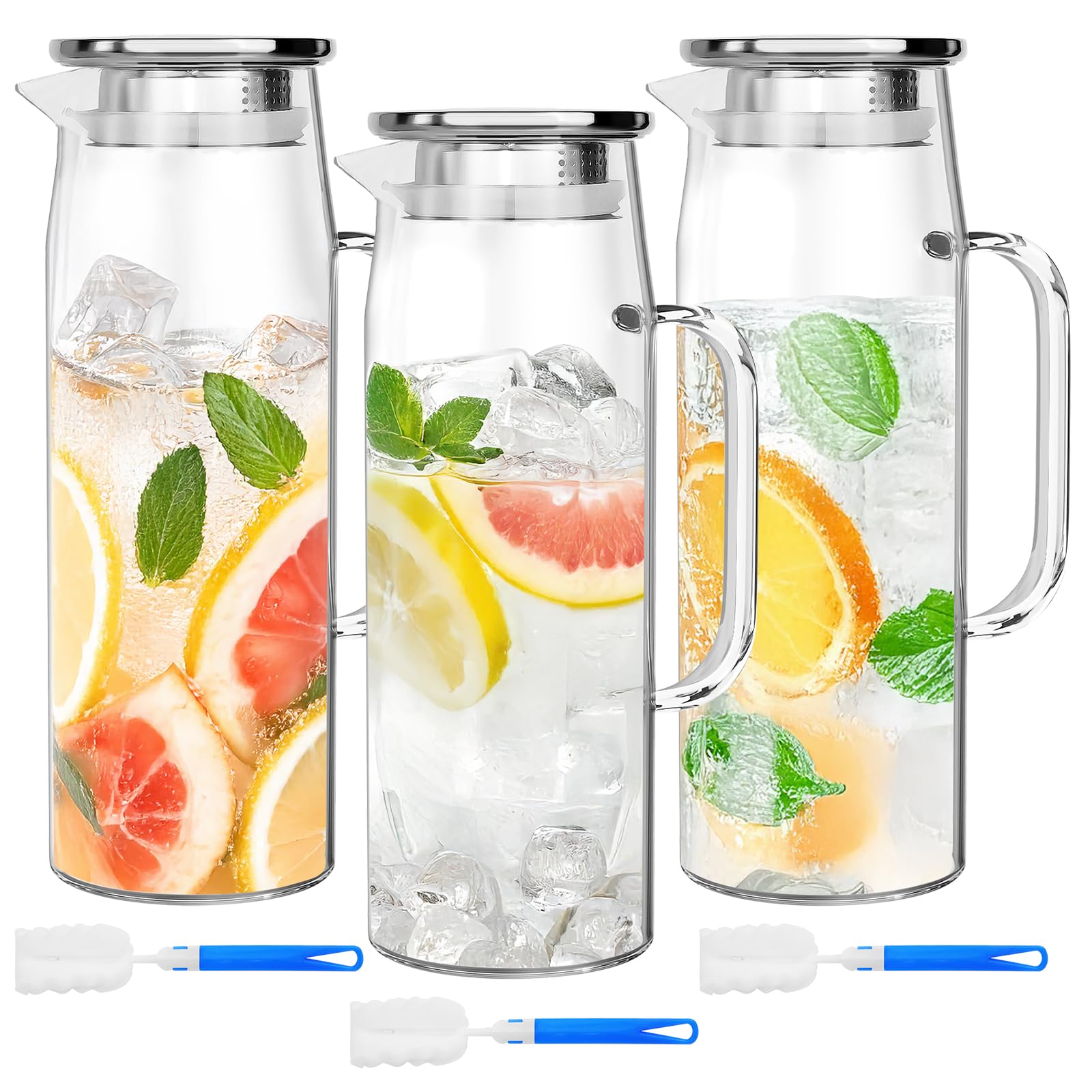 3er Set 1,5 L Wasserkaraffen, Glaskaraffe mit Deckel, Filter & Bürsten | Karaffe aus Glas für Wasser, Infused Water, Eistee und Saft – vielseitiger Wasserkrug für Küche, Esstisch, Büro und Feiern