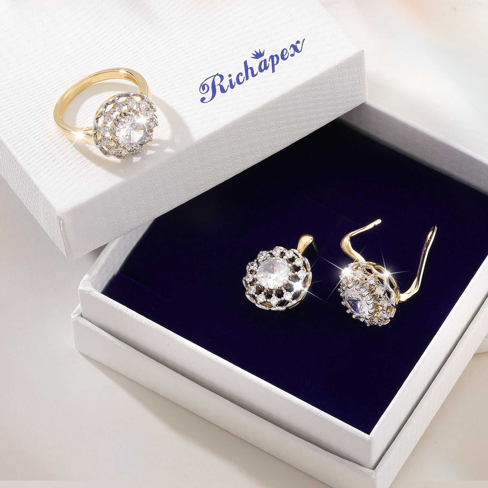 Richapex Set di gioielli da donna, set di orecchini a cerchio in oro 18 carati, set di orecchini con zaffiro, set di anelli, regalo per feste di fine anno per mamma, amica, moglie
