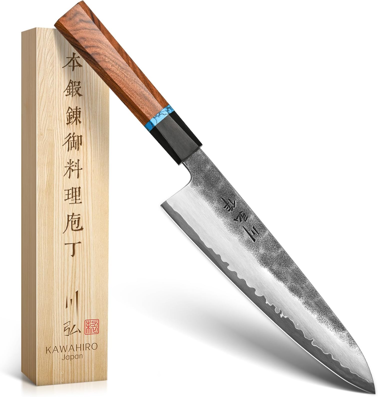 KAWAHIRO Japanese Hand Forging Chef Knife, Professional Handcrafted 8 inch Kitchen Knife, 3 Layers Japan VG10 Super High Carbon Steel Chef's Knife, Ergonomic Handle Grip and Gift Wood Box