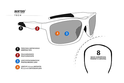 Bertoni Motorcycle Goggles Padded Glasses Photochromic Lens Removable Optical RX Clip Interchangeable Arms And Strap Mod 366