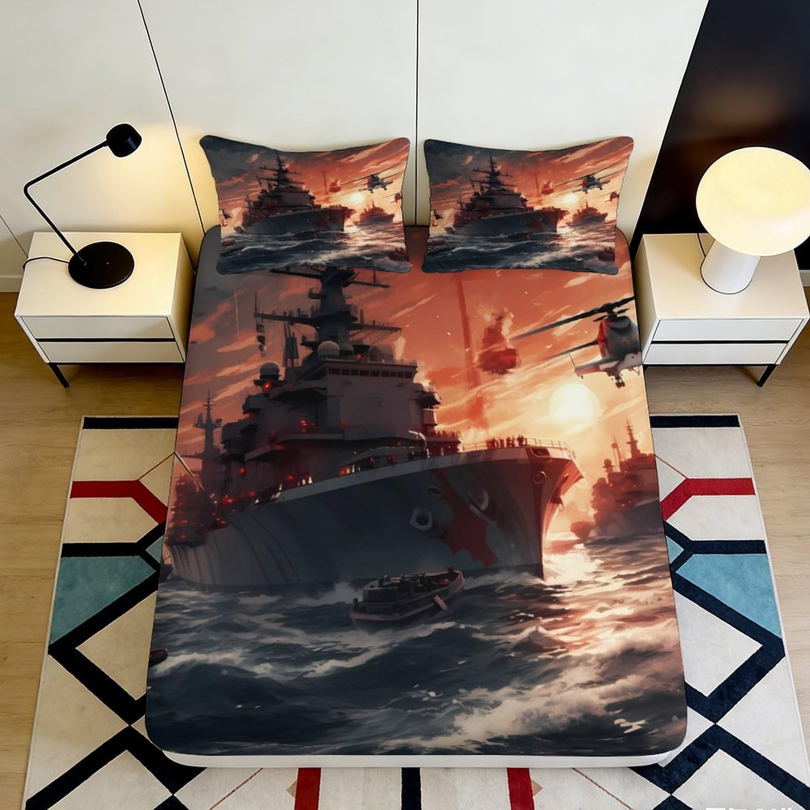 Dhbaneiok Style-3 3D Printed Battleship Sunset Fitted Sheet Microfiber Soft Navy Warship Mattress Cover For Bedroom Guest Room Decor 90X200x25cm