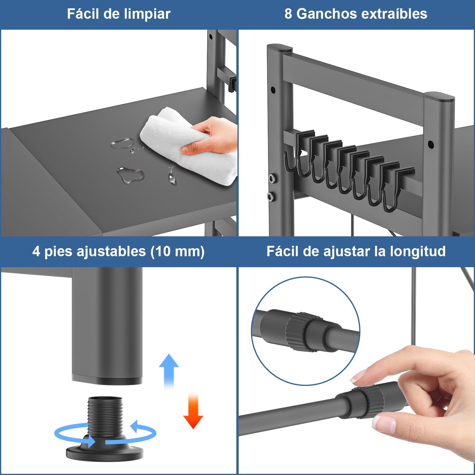 Soporte para Microondas y Horno Cocina 3 Niveles, Estanteria para Microondas Encimera con 8 Ganchos, Mueble Extensible Microondas Cocina