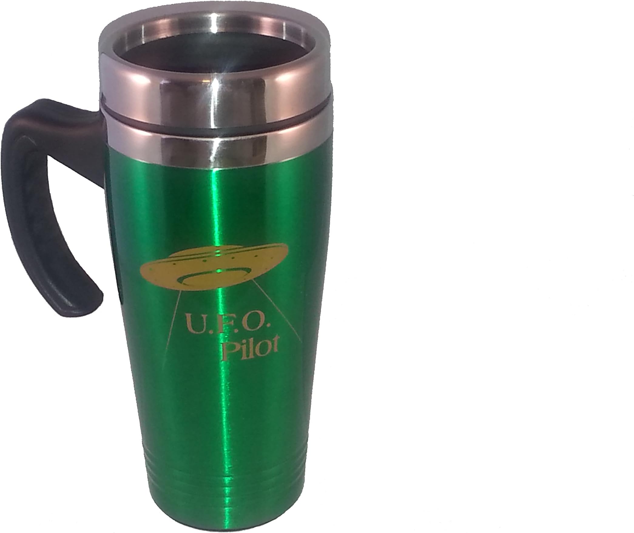 Travel Insulated Mug - Stainless Steel Coffee Tumbler - 14 Oz - Thumb Slide Lid - Attention Grabbing UFO Pilot Logo (Green)
