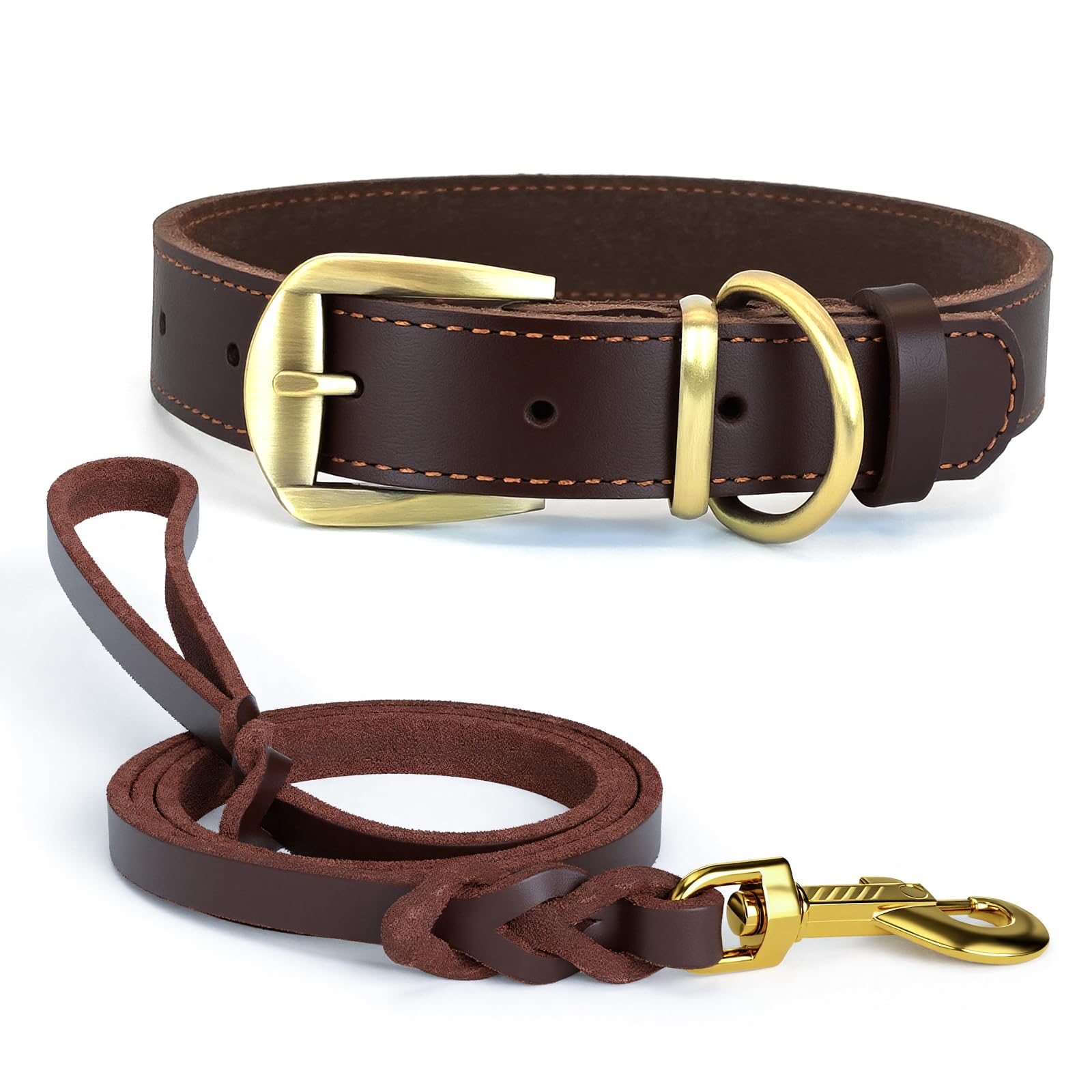 Echtleder Hundehalsband und Hundeleine Set - L Halsband & 122cm robuste Lederleine - Verstellbar, Langlebig & Komfortabel für kleine, mittelgroße und große Hunde - Klassisches Design