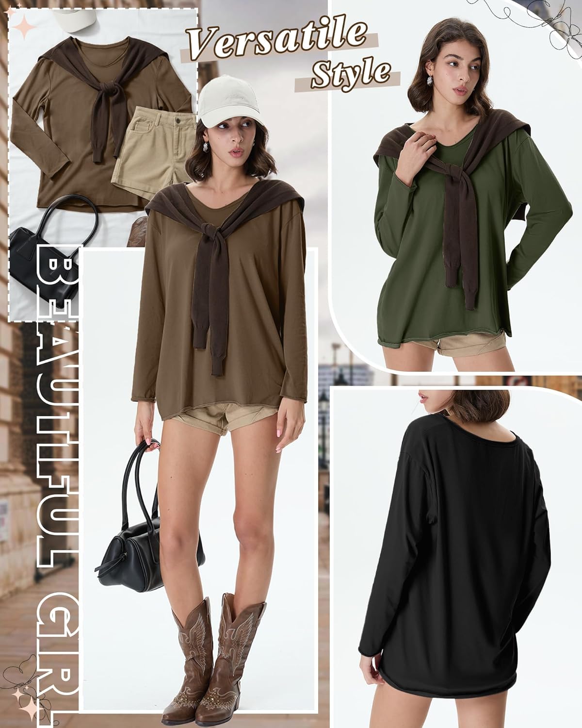 3 Pack Women's Oversize Tops, Long Sleeve Cotton Shirts V Neck Basic Unfinished Edge Tees Casual Loose Fall Tops - Image 4