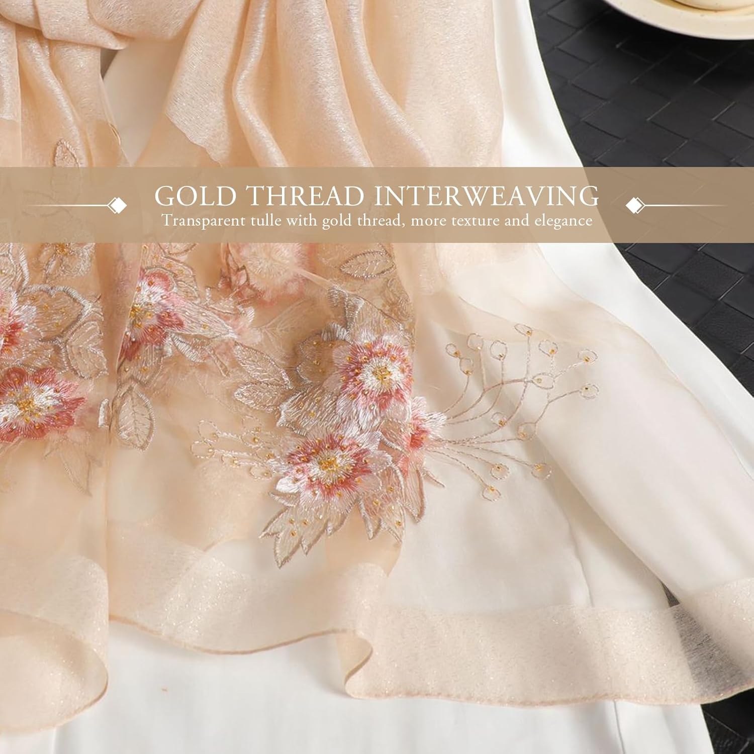 Silk Scarf Chiffon Scarf Women Ginkgo Embroidery Transparent Tulle Lightweight Long Scarf Shawl Wrap Spring Autumn - Image 5