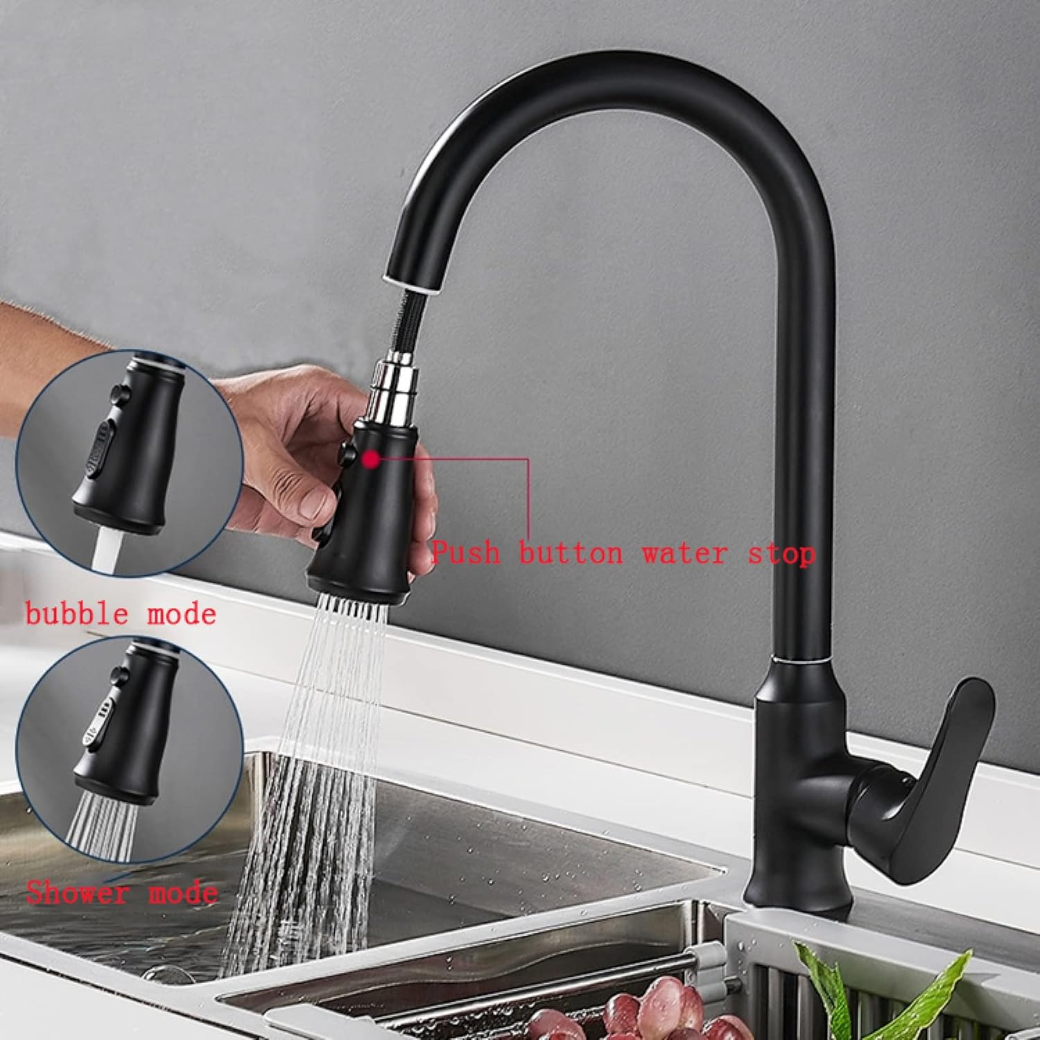 Shower Unit, Pull-Out Sprayer Kitchen Faucets,Kitchen Sink Faucet 2 Types of Water Outlet Modes,360° Rotatable Sink Faucet,Single Hole Hot and Cold Water Pull Down Kitchen Faucet,Black(Nero)