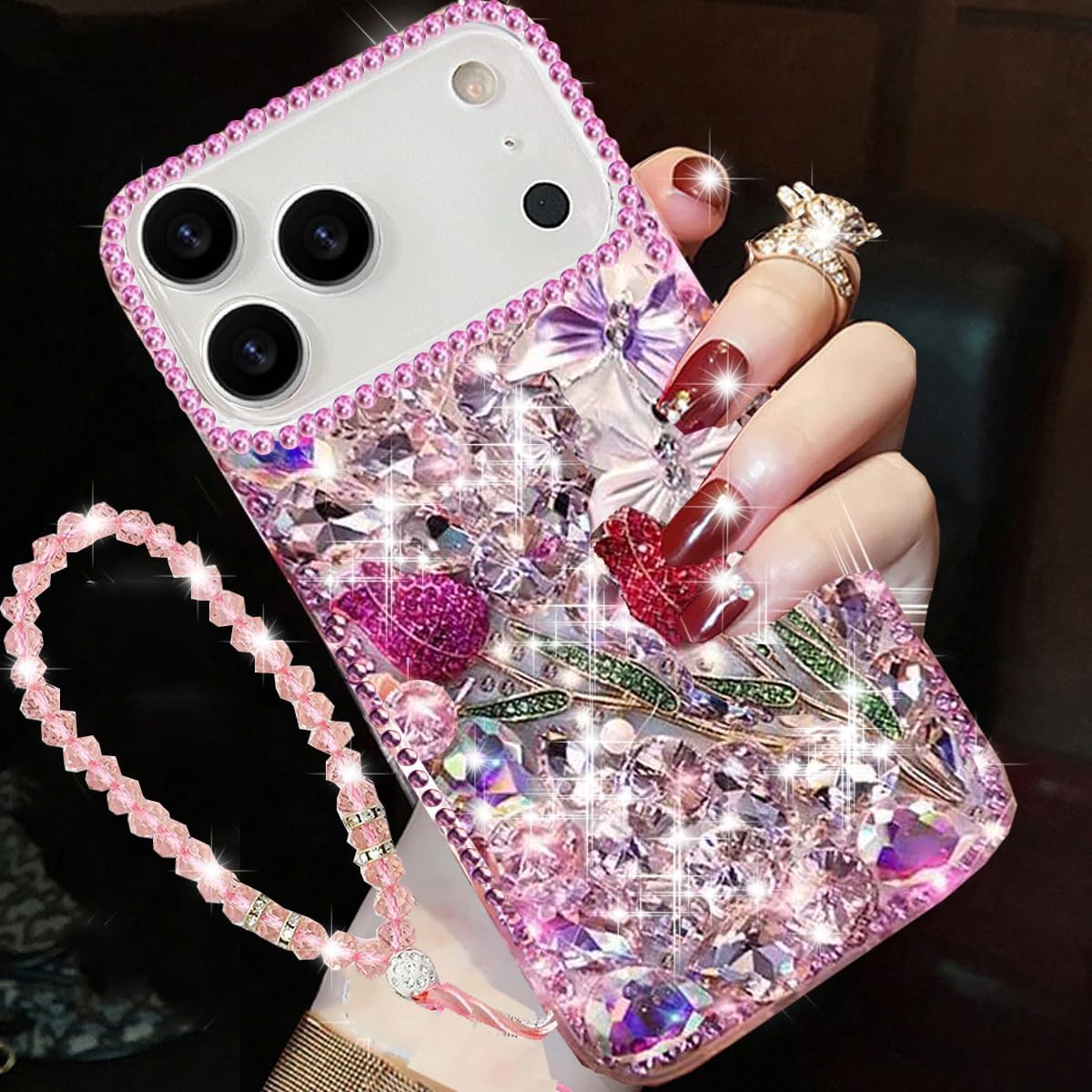 Changjia for iPhone 17 Pro Max Glitter Bling Case, Cute Luxury 3D Sparkle Rose Flowers Butterfly Crystal Rhinestones Diamond Pearl with Lanyard Wrist Strap Women Girls Case for iPhone 17 Pro Max, Pink image 2