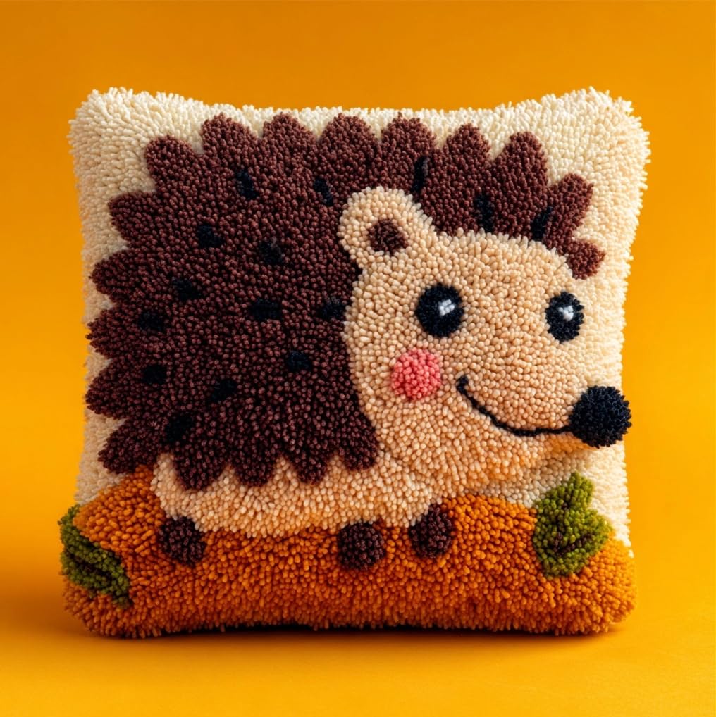 Taxpy Latch Hook Kits Pillow Hedgehog 17X17 in Printed Canvas Cushion Crochet Yarn Needlework Hook Latch DIY Kit Embroidery Pillowcase Rug Cover Home Sofa Christmas Decoration