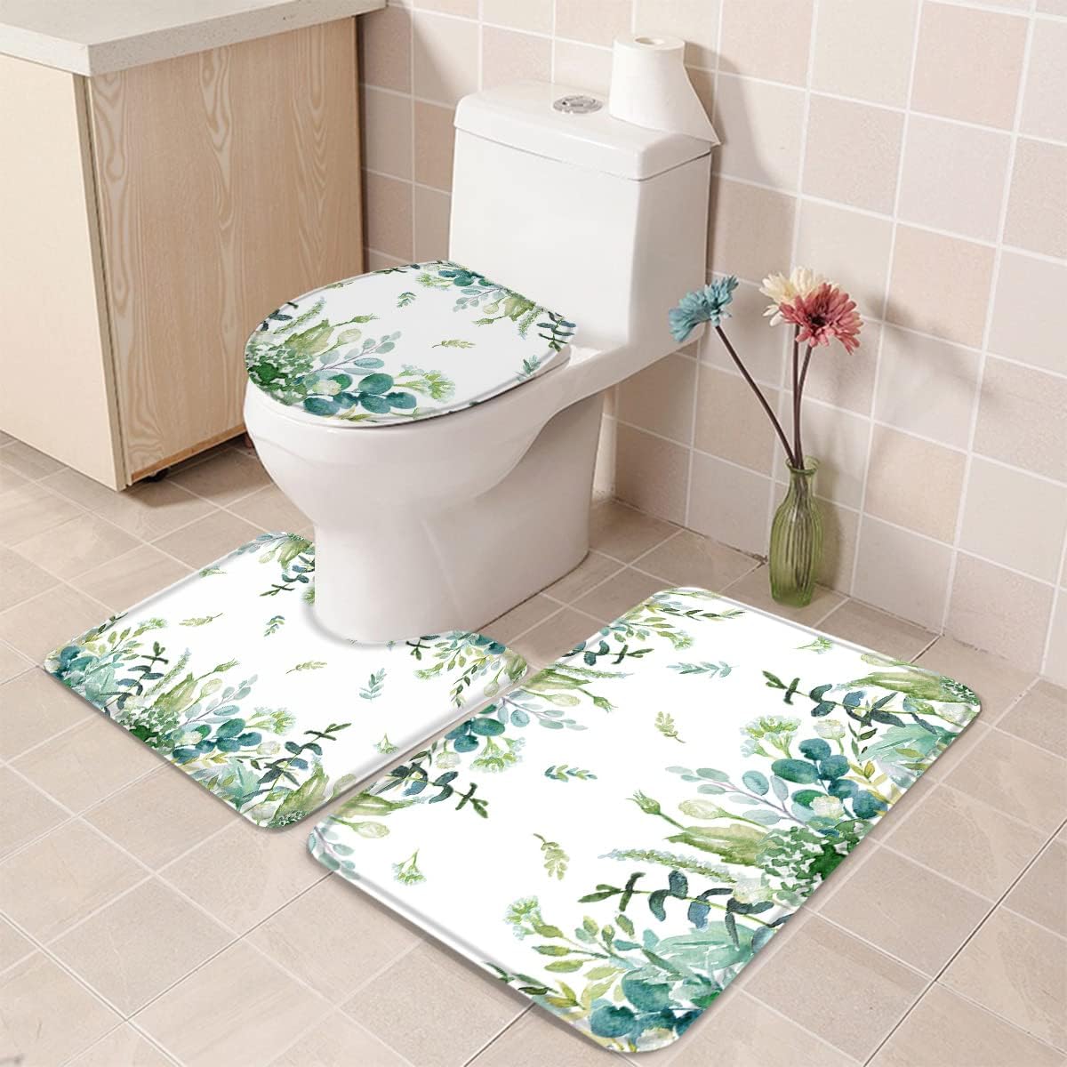 Bathroom Rugs Sets 3 Piece Bath Mat,Country Eucalyptus Leaves Green Watercolor Leaf Soft Non ...