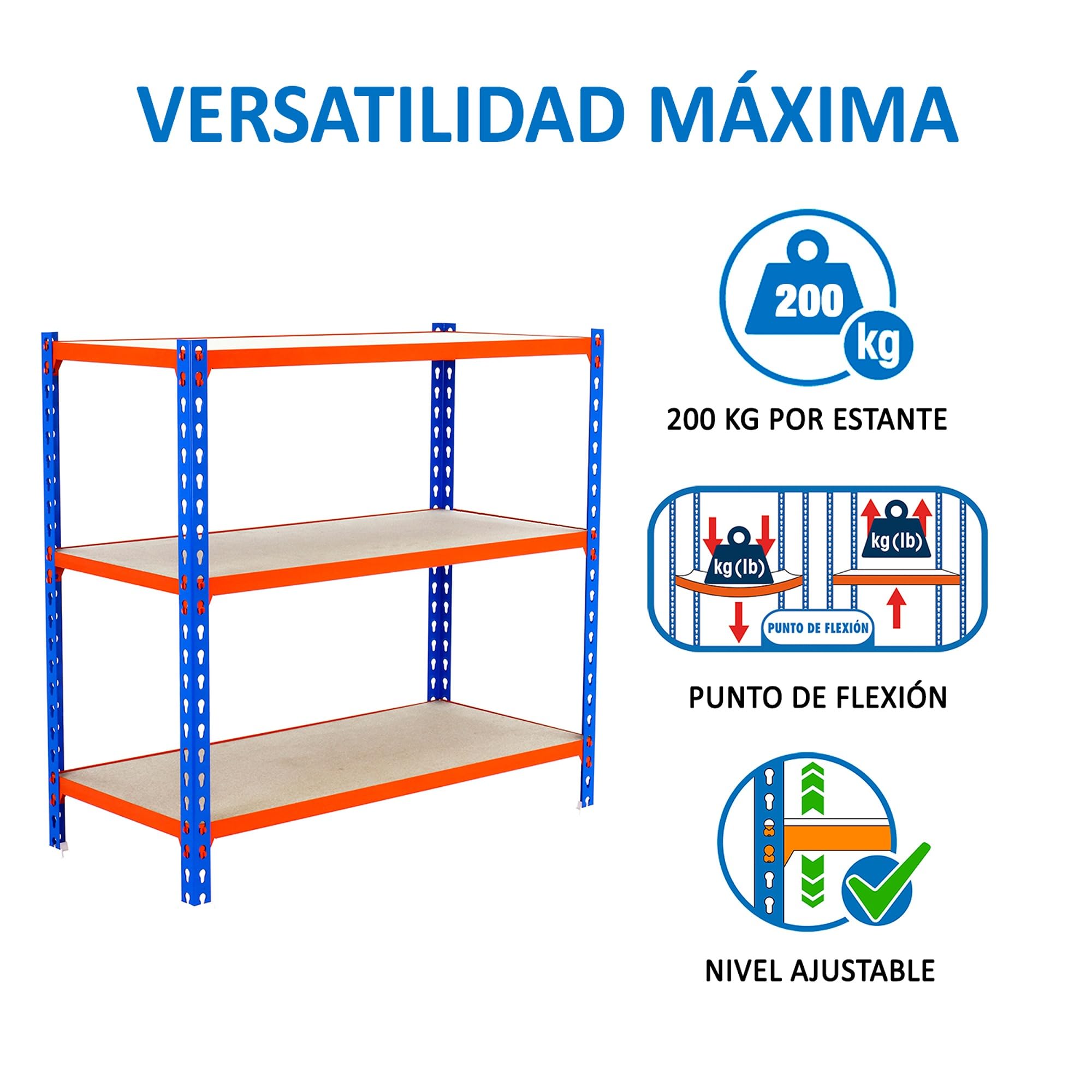 Simon Rack Regał metalowy z półkami z płyty MDF 900x1100x400 mm, 3 półek, nośność 200 kg na półkę, regał magazynowy i garażowy, stabilna konstrukcja, Niebieskie/Pomarańczowe/Ocynkowane – SimonClassic
