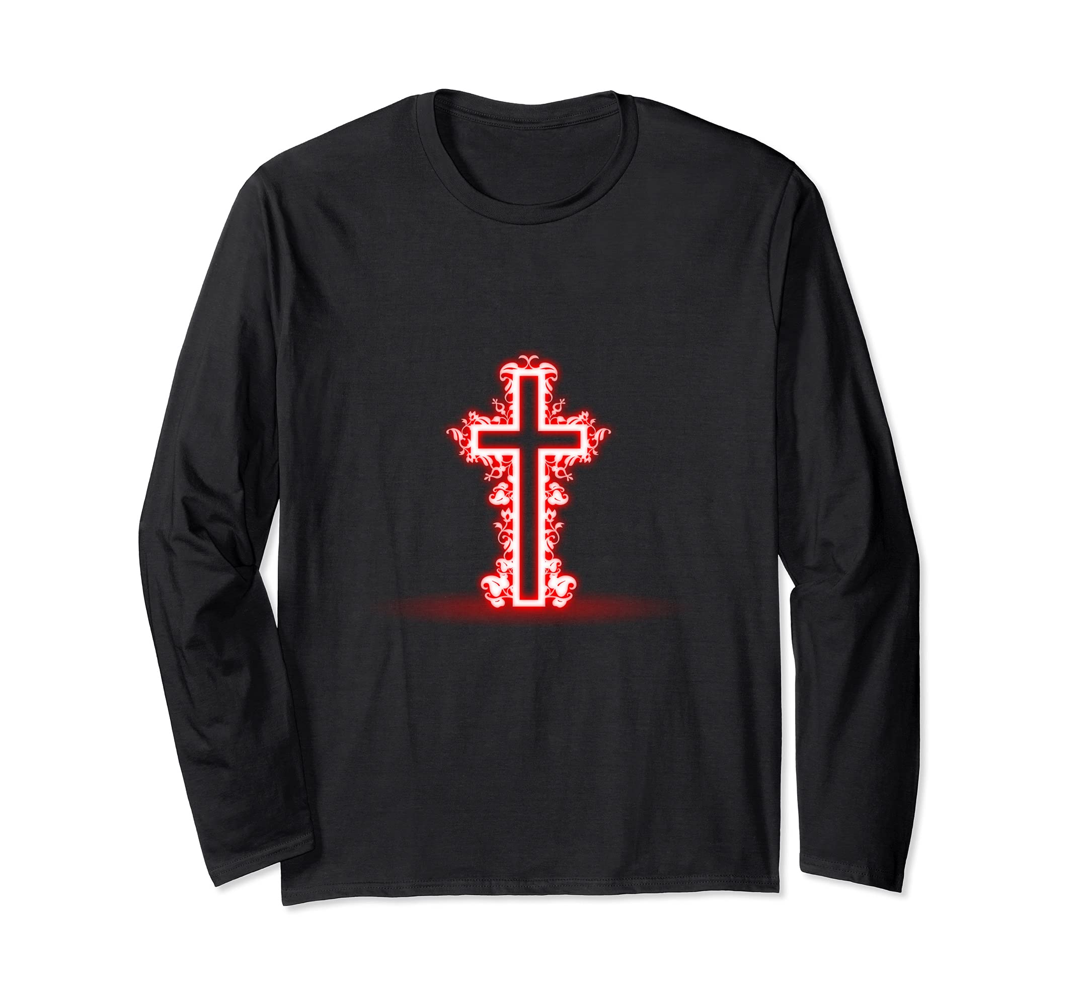 Amazon | 赤い十字架の葉 神 イエス 宗教 クリスチャ 長袖Tシャツ | T