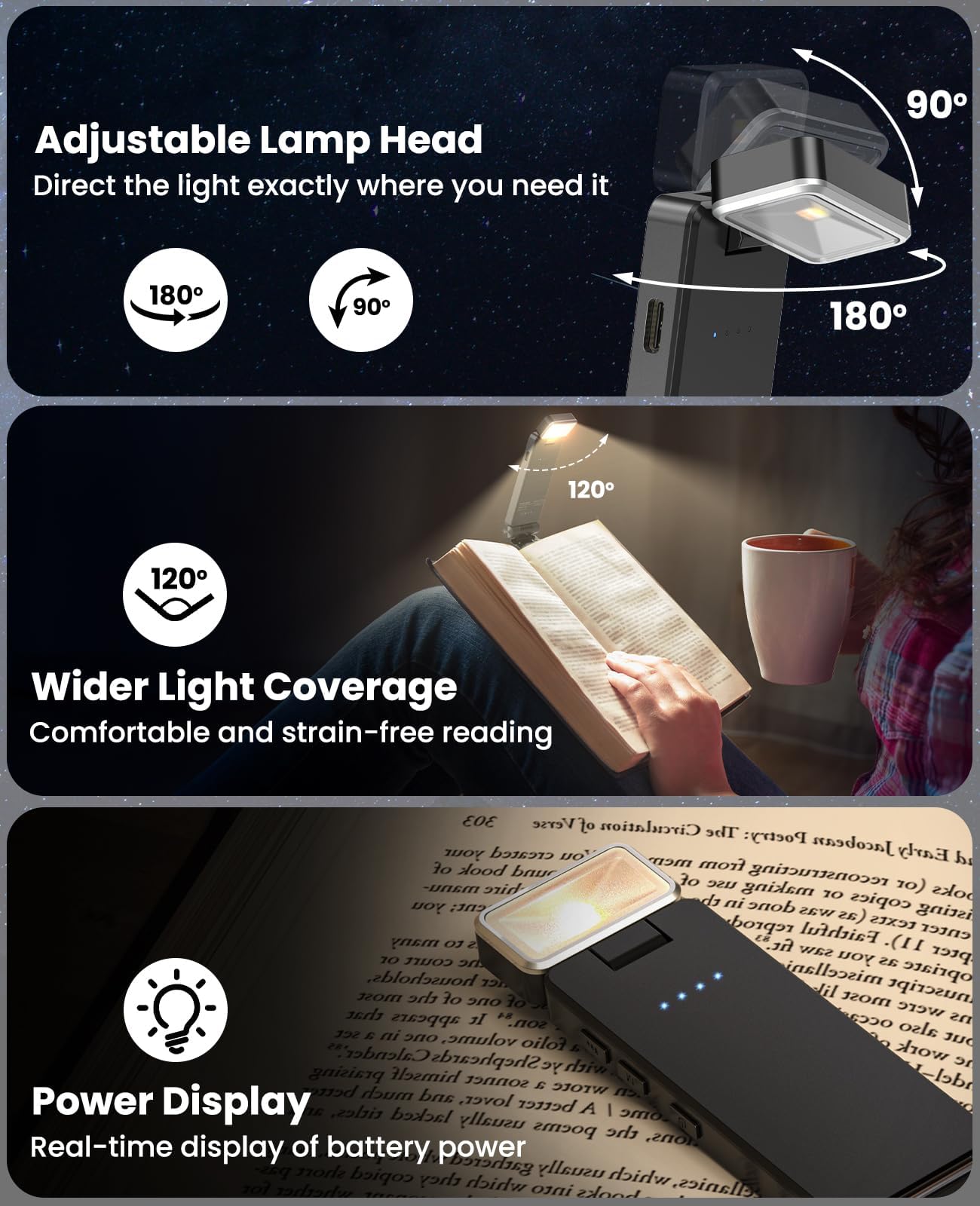 Luz de Lectura, Lampara de Lectura con Pinzas, LED Luz Lectura USB Recargable, 3 Colores y 3 Brillos Continuamente Ajustables, Luz Anti-Azul, Regalo para Niños y Amantes de la Lectura