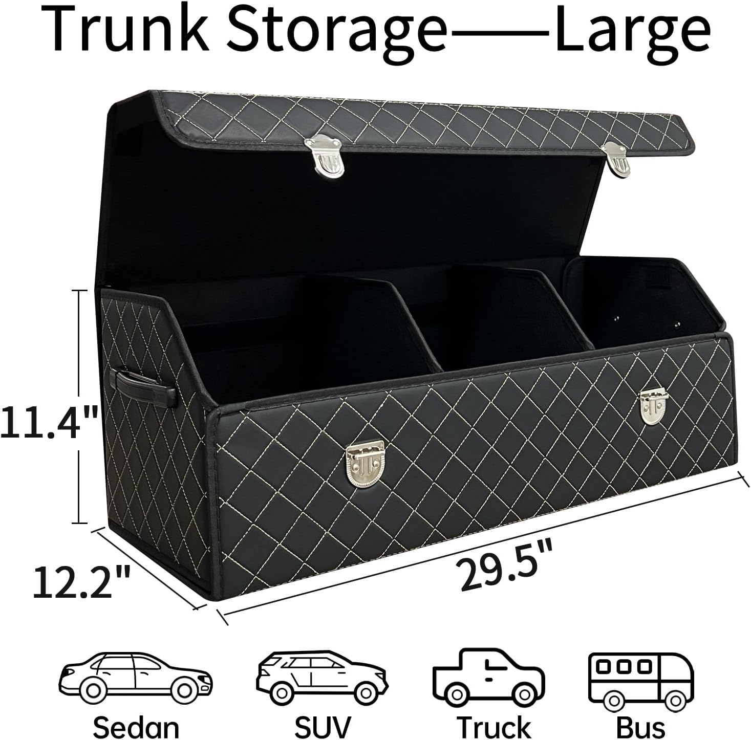 Car Trunk Organizer with Lid,Foldable Faux Leather Cargo Storage Box,3 Compartments,Collapsible Multi-Functional for SUV,Sedan,Vehicle Trunk