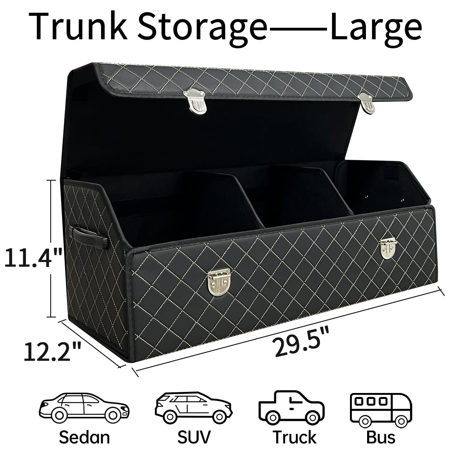Organizador de maletero de coche con tapa, caja de almacenamiento plegable de piel sintética, 3 compartimentos, plegable multifuncional para SUV, sedán, maletero de vehículo