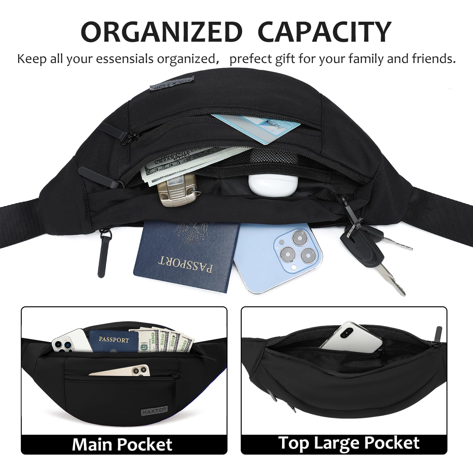 MAXTOP Riñonera grande esencial de viaje para mujeres y hombres, bolsa cruzada, regalo para viajes, ciclismo, senderismo, Negro, 14.5" x 5.9" 3.5"