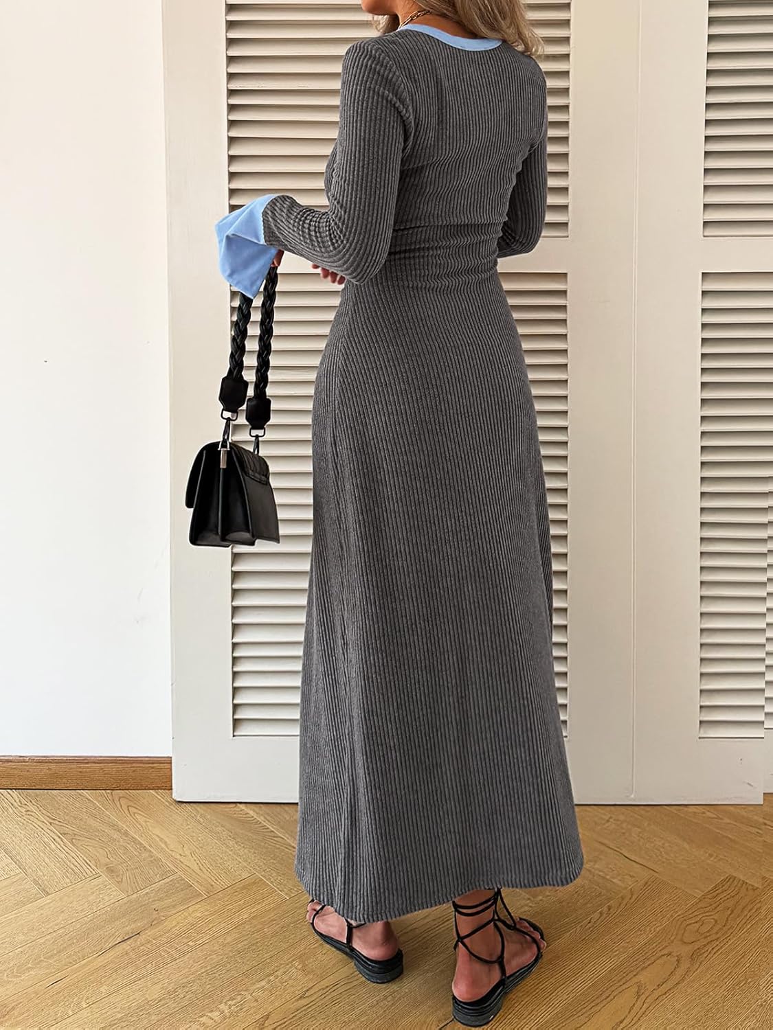 Womens Sweater Dress V Neck Ribbed Maxi Dress Long Bell Sleeves Button Down Slim Fit Bodycon Casual Knit Dress - Image 5