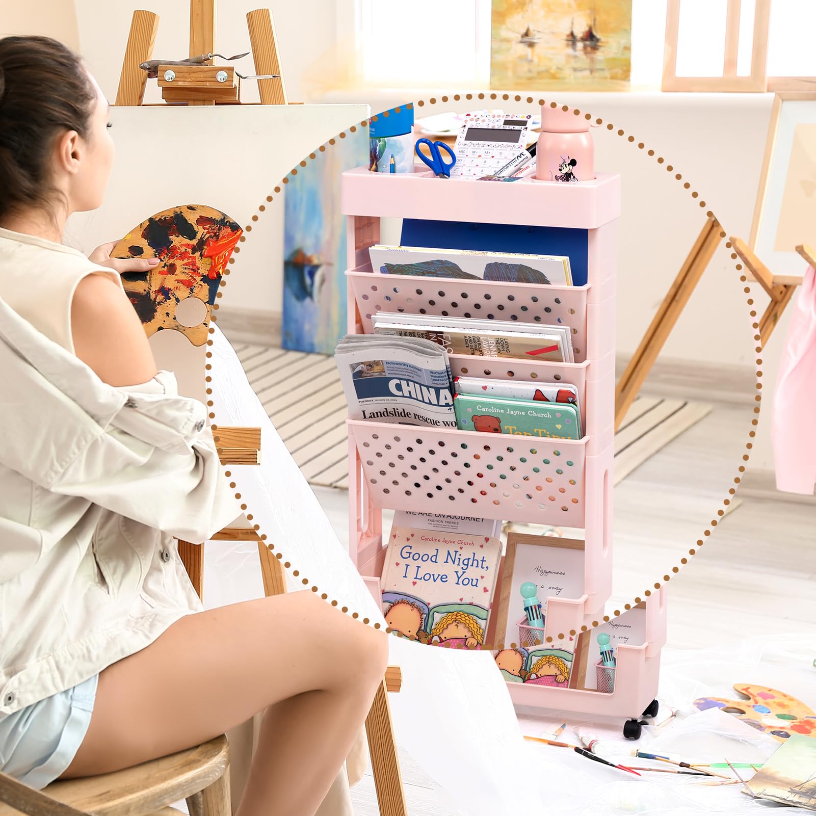 DOEWORKS Petite Bibliothèque roulettes Mobile Livre Chariot de Rangement 5 Niveaux Étagère à Livres Chariot Roulant pour Salon Chambre à Coucher Bureau, Rose