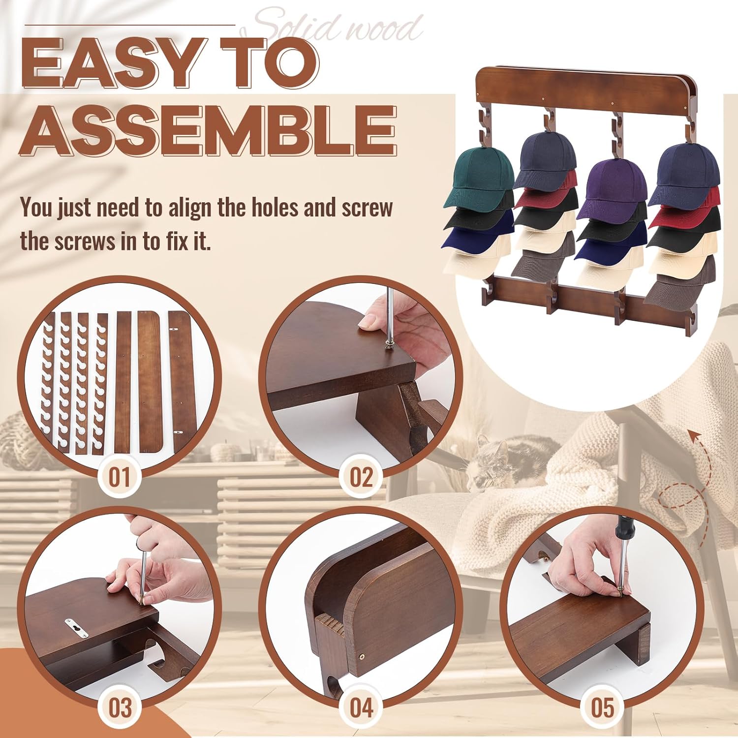 Wooden Hat Racks for Baseball Caps,40 Slots,Four Times,Baseball Cap Display Racks Vertical Class for Hats,Hat Organizer Wood Cap Hanger for Bedroom,Living Room,Entryway,Brown