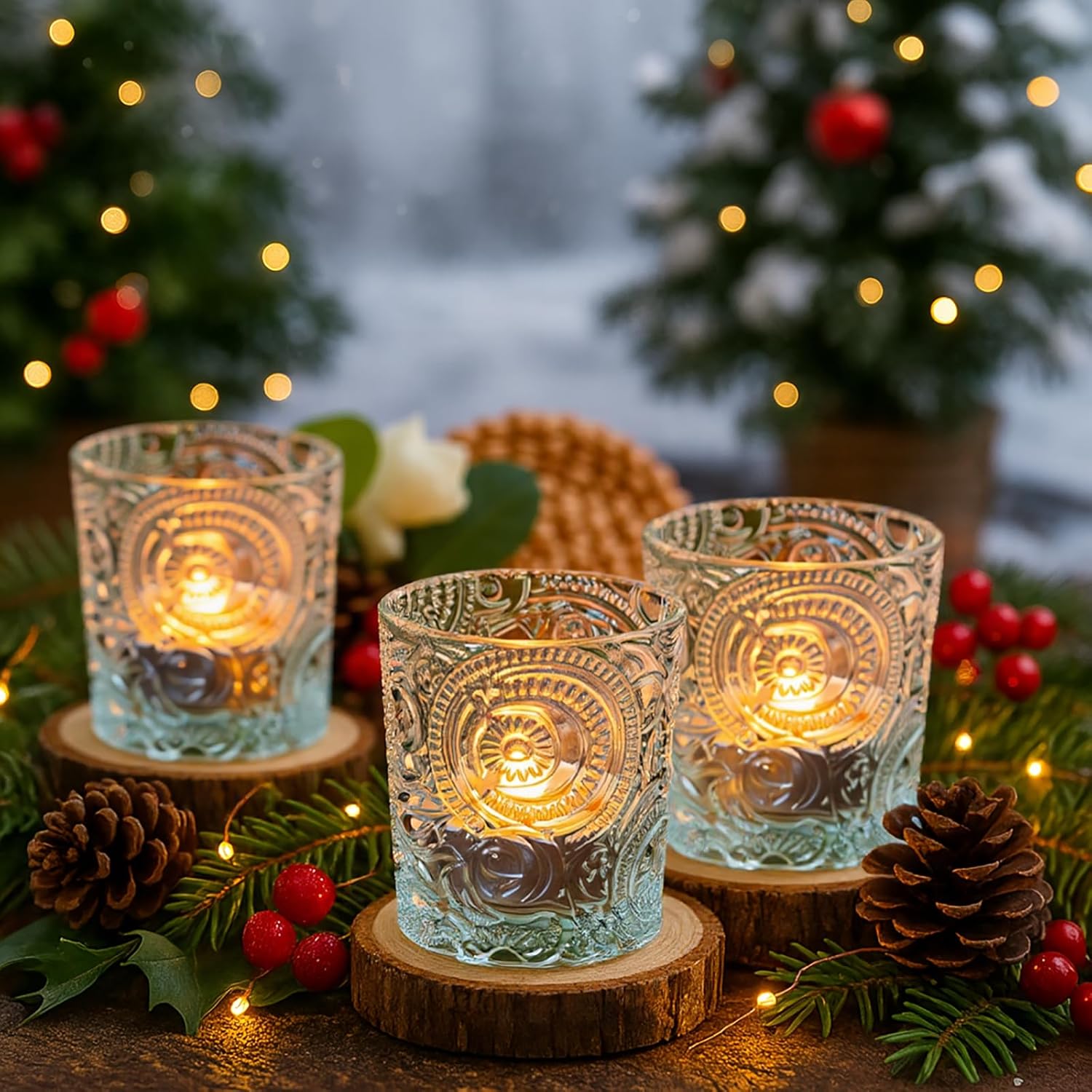 28 Pack Sun Moon Star Embossed Glass Tea Light Candle Holders - Votive Candle Holders for Wedding, Party, Home Decor, and Table Centerpieces (Clear Glass)