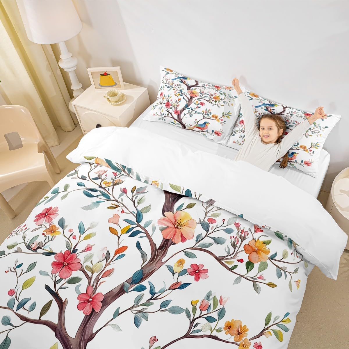 Erosebridal Branches Duvet Cover Colorful Birds Bedding Set Blue Red Vintage Flowers Petals Quilt Cover Plant Warm Romantic Girly Style Print Comforter Cover for Girl Women, 3 Pcs King Size