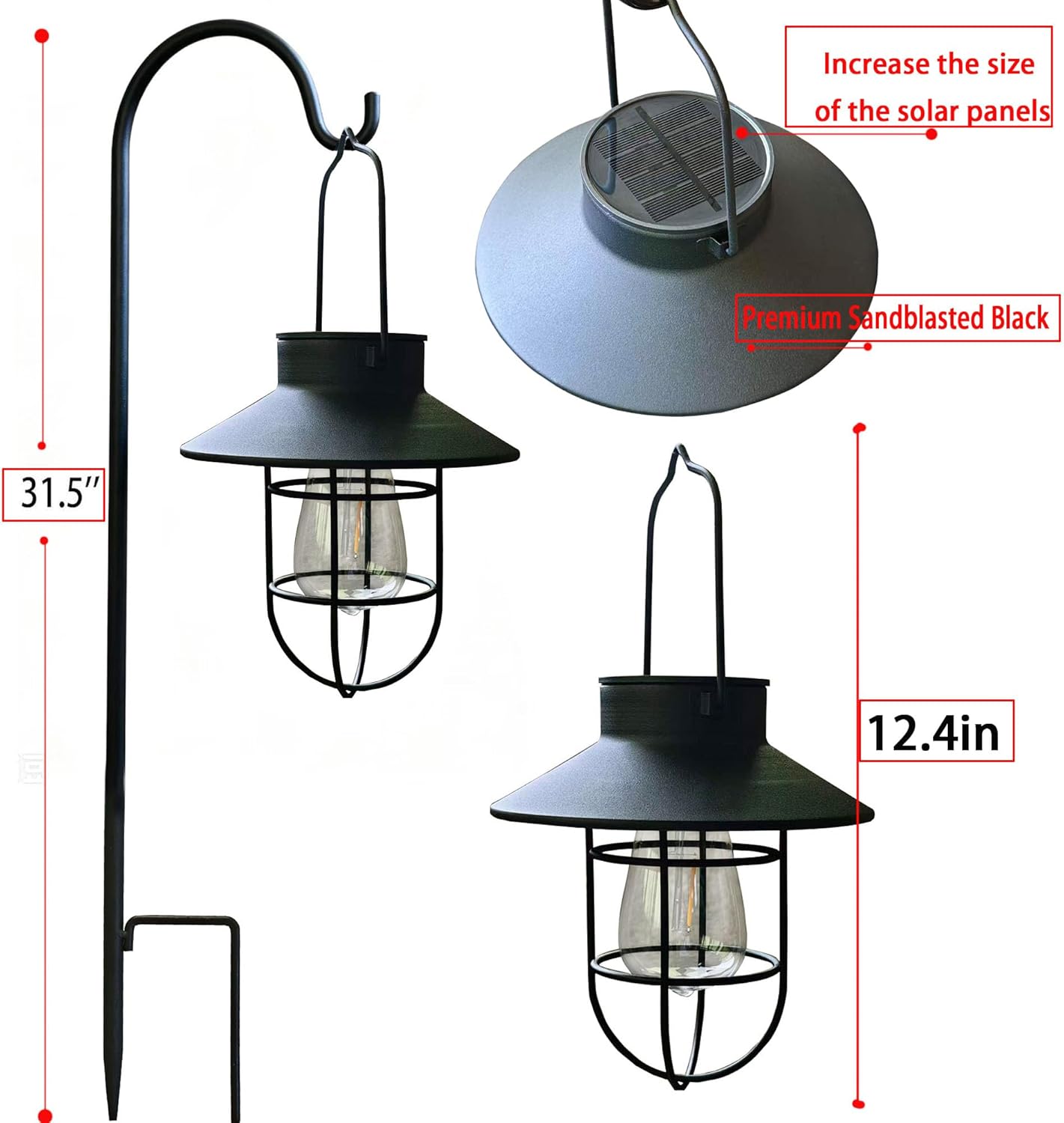 Condition photo showing New/Like New for 2 pack solar lanterns ,outdoor waterproof solar lamp with shepherd hook, metal edison bulb lights gifts for gifts for women/mom garden outdoor pathway decor (black)