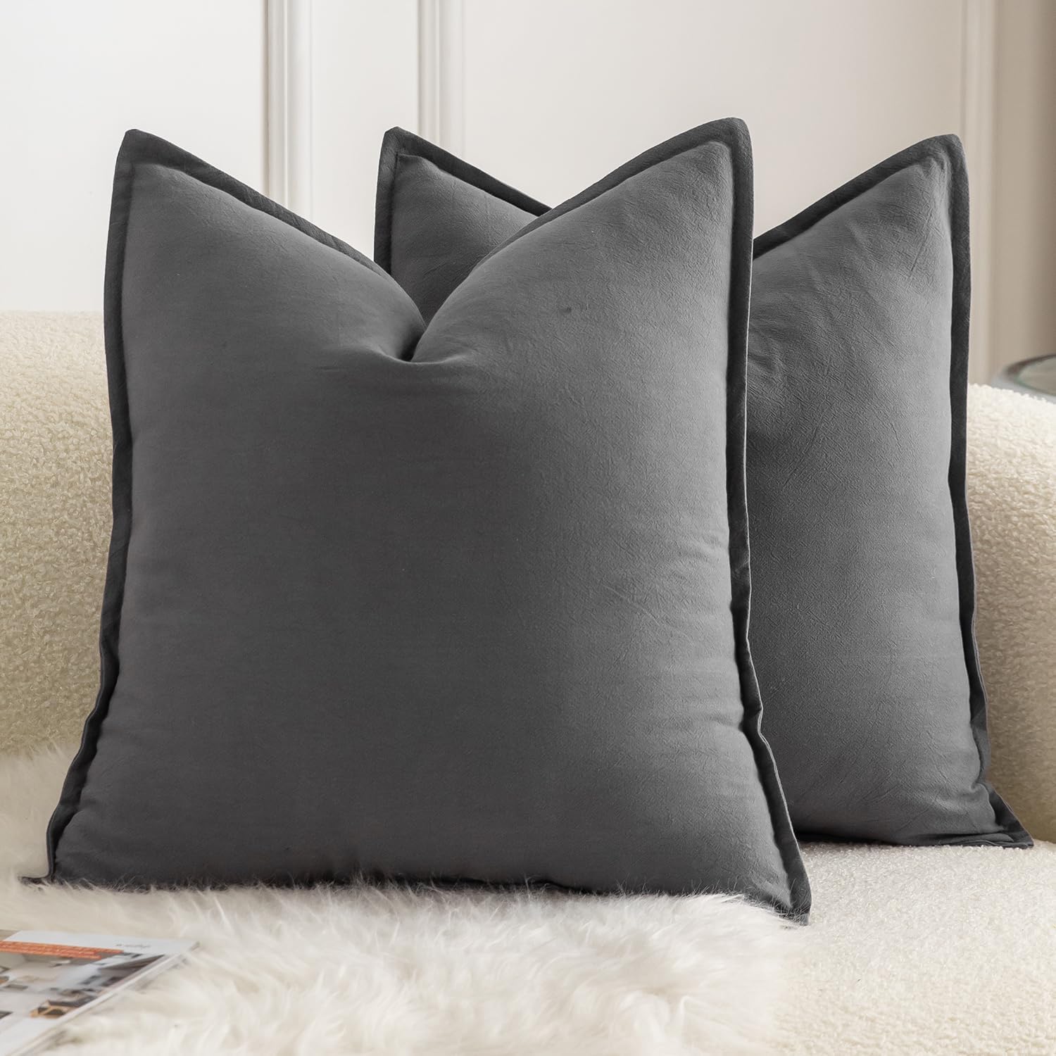 MANDIOO Pack of 2 Neutral Cotton Throw Pillow Covers Solid Decorative Couch Pillow Covers Boho Farmhouse Cushion Covers Home Decor for Sofa Living Room Bed Bedroom 24 x 24 Inch Grey