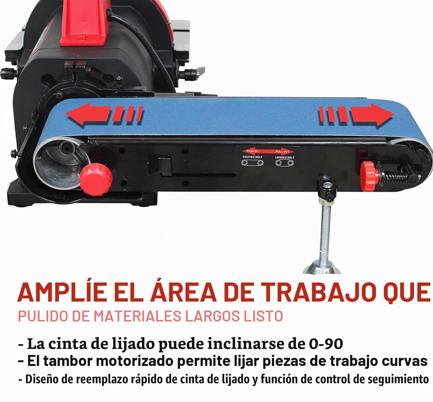 BUCKTOOL Lijadora de banda para metal, lijadora de banco de 700 W, 100 x 914 mm, disco de 200 mm | Motor de accionamiento directo y ángulo de lijado ajustable para desbarbado, moldeado, acabado y taller de metalurgia