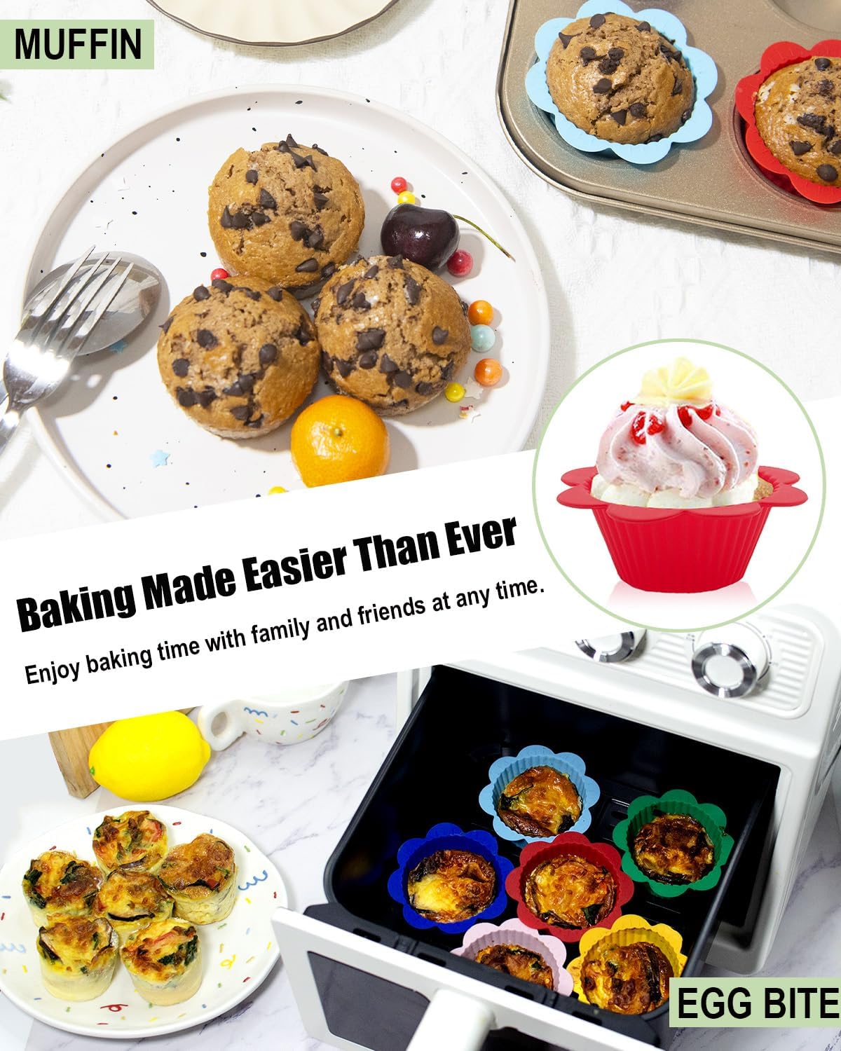 24 Pcs Silicone Muffin Liners with Tabs, Reusable Cupcake Liners for Steel Muffin Pan, Non-Stick Baking Cups (24Pcs-6Colors)