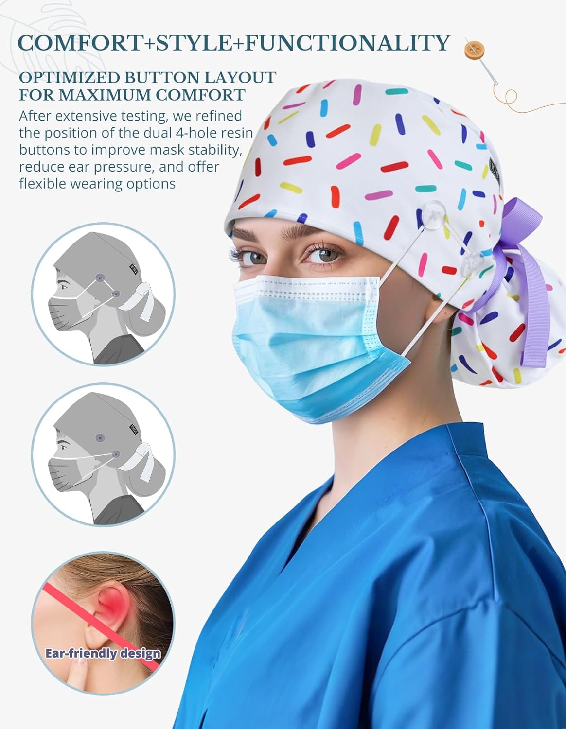 Scrub Caps Women Satin Lined Ponytail, Sprinkle White Adjustable Scrub Hats Women with Buttons and Sweatbands, Practical Ponytail Holder Design with Bow Ribbon Soft Smooth - Image 7