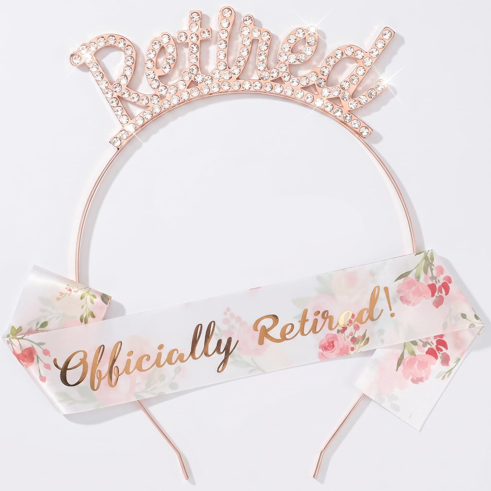 Retirement Sash and Headband Set for Women, Officially Retired Rose Gold Rhinestone Tiara with Adjustable Satin Ribbon for Retirement Party Decorations