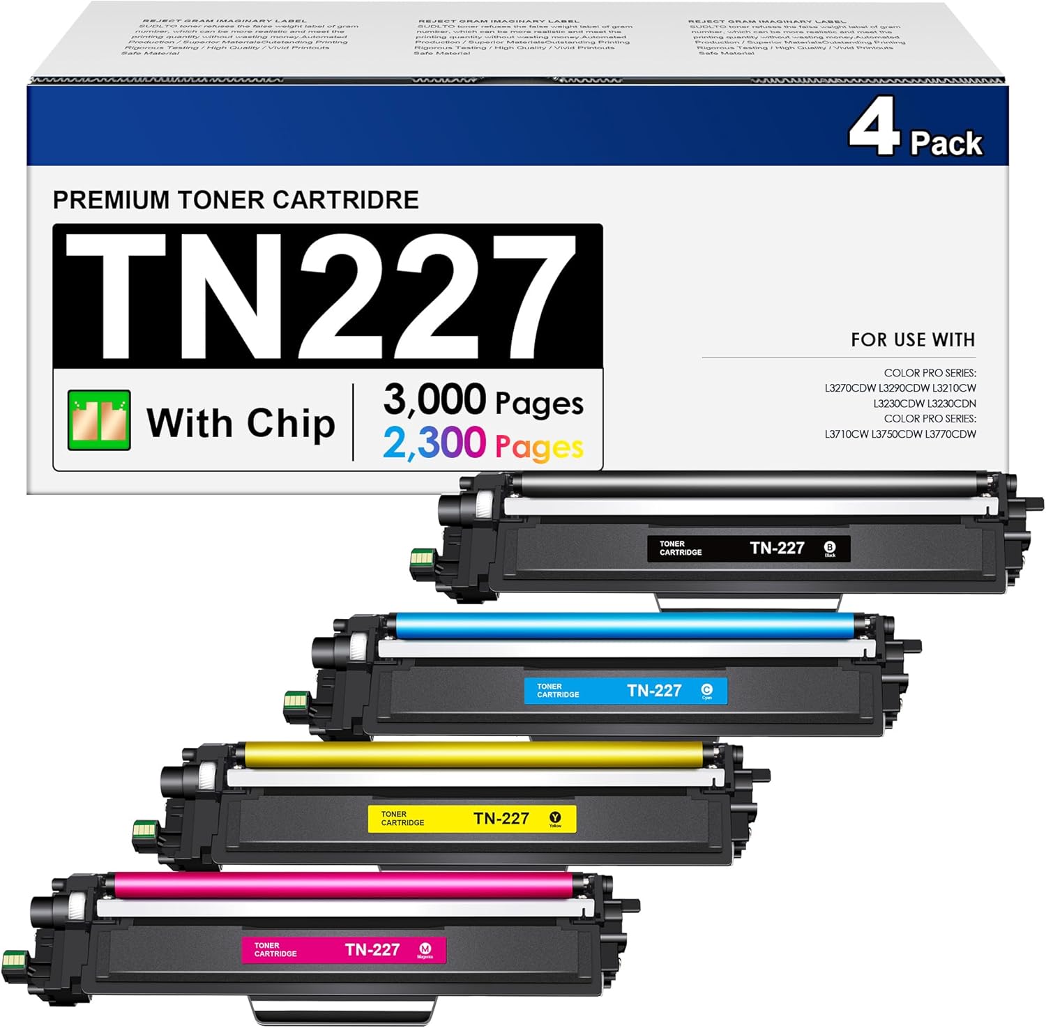 TN227 High Yield Toner Cartridge 4 Pack -Replacement for Brother TN227BK/C/M/Y High Yeild TN223 to use with HL-L3270CDW HL-L3230CDW HL-L3210CW HL-L3290CDW MFC-L3710CDW(4 Pack)
