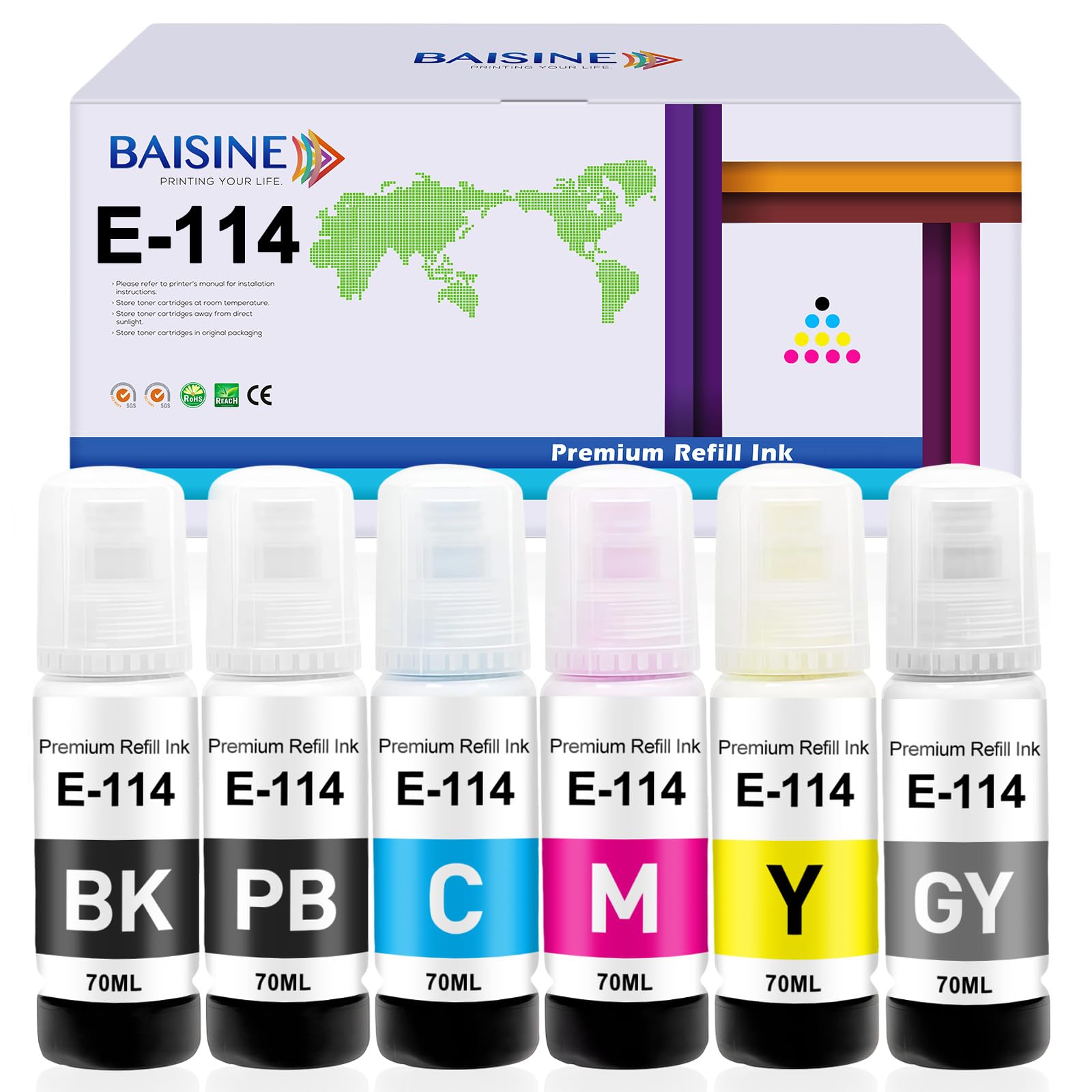 BAISINE 114 atrament kompatybilny z drukarką zbiornikową Epson 114 do drukarki atramentowej Epson Ecotank ET-8500 ET-8550 (6 sztuk, czarny/czarny fotograficzny/cyjan/magenta/żółty/szary)