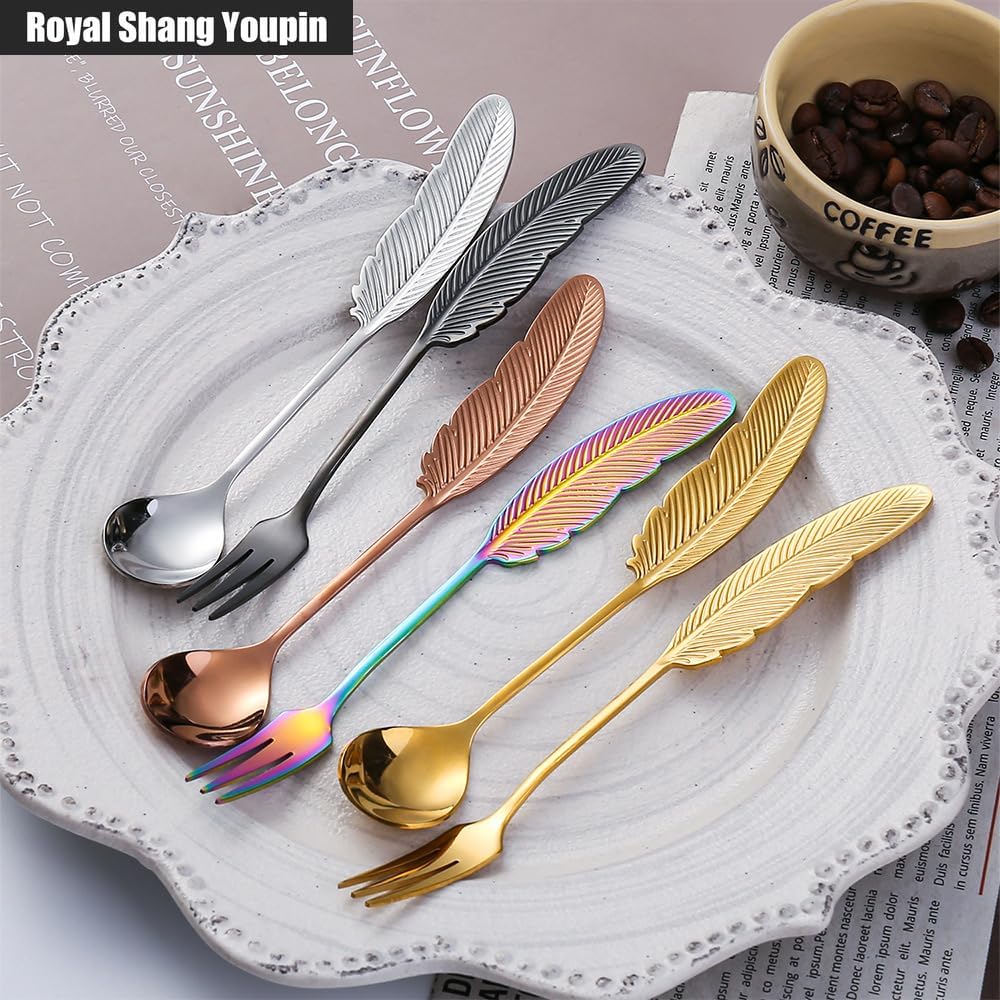 6 Pieces Feather Shaped Stainless Steel Spoon Coffee Spoon Girl Heart Dessert Stirring Spoon Ice Cream Spoon Fork (Multicolor)