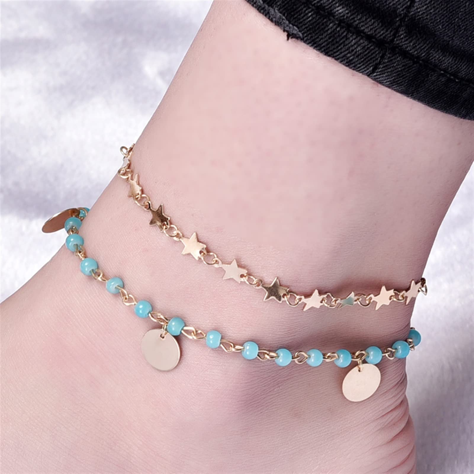Fußkettchen, 2 Stück/Set, modische Perlen, Stern-Pailletten, Quasten-Fußkettchen für Frauen, Goldfarbene Fußkette, Schmuck, Knöchelketten, Geschenke, Damen-Fußkettchen
