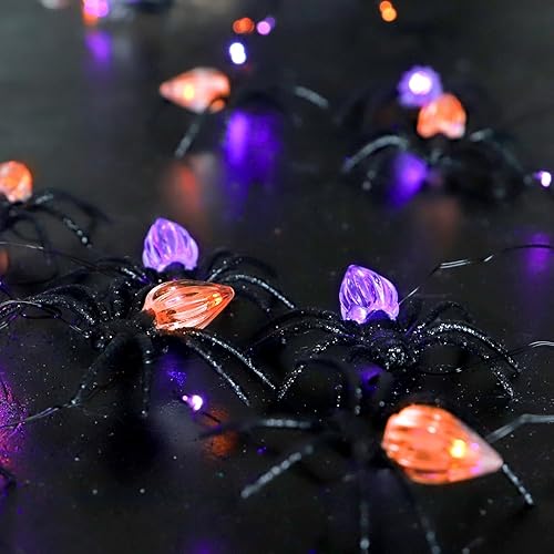 Halloween Decorations Spider Web Lights 8.6ft 30LED Purple Orange Fairy Lights Battery Operated Fall Lights with Remote Timer 8 Modes Net Light for Fall Halloween Outdoor Haunted House Decor