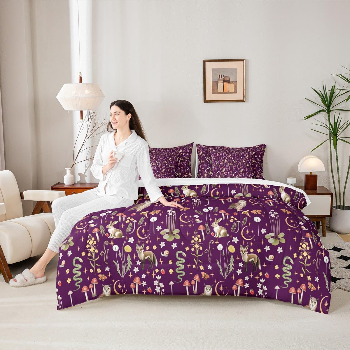 Erosebridal Purple King Bedding Set, Vintage Rustic Floral Bed in A Bag,Cute Woodland Animals Comforter Sets with Sheets, Botanical Wild Flowers 7 Pieces Bed Set Bedroom Decor