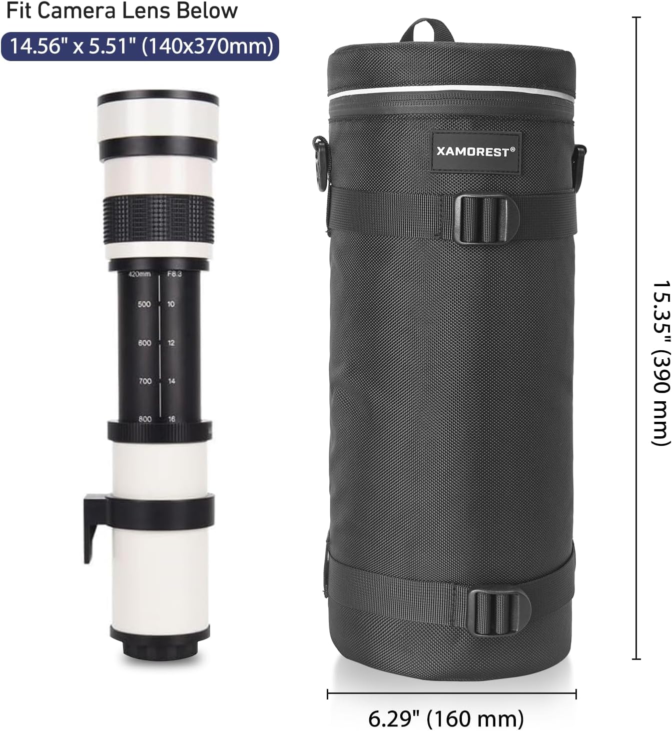 Camera Lens Case Bag for Photographyers, Zipper Waterproof Lens Protective Pouch Interior Size 6.29" x 15.35"(Nylon, Black)