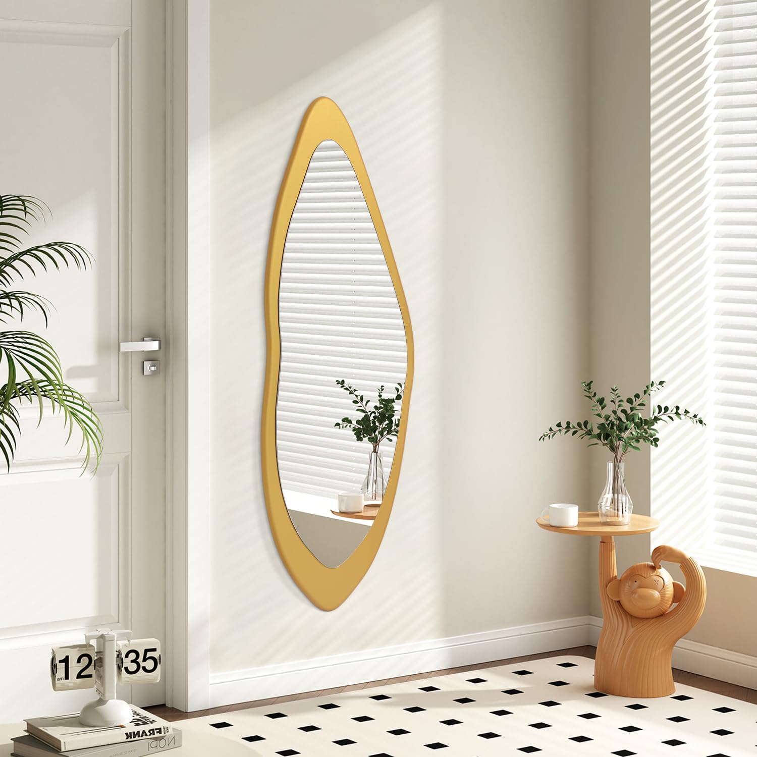AAZZKANG Espejo de cuerpo entero irregular dorado grande con marco de madera, 120 x 40 cm, espejo asimétrico de cuerpo completo para dormitorio, sala de estar, entrada
