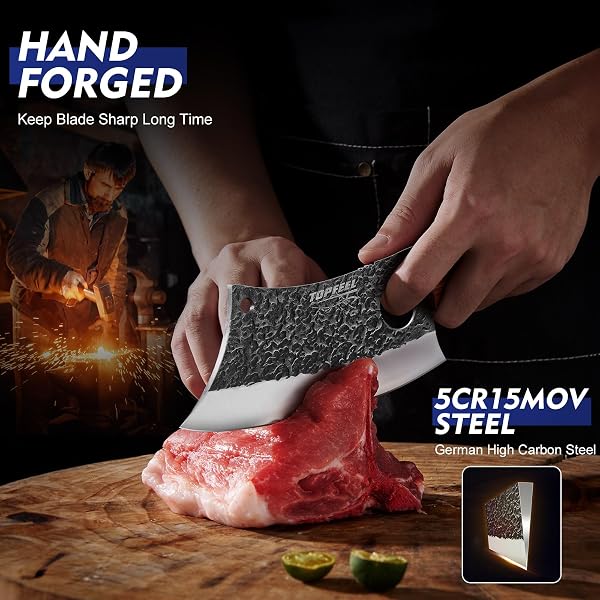 Topfeel 3PCS Butcher Knife Set, Hand Forged Serbian Chef Knives & Meat Cleaver & Viking Knives, Meat Cutting Kitchen Knife Set for Home, Outdoor Cooking, Camping BBQ Gift Idea Men - 5